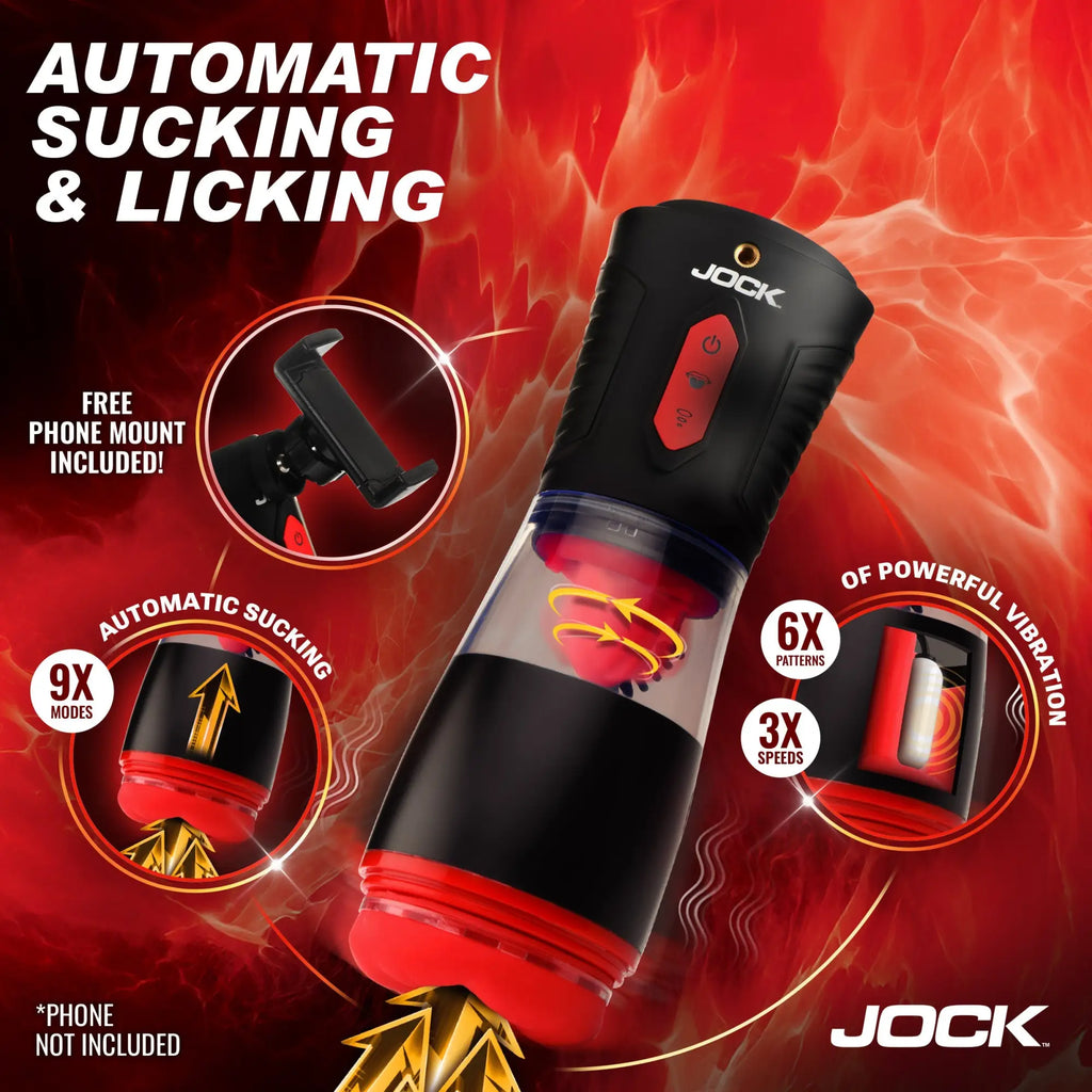 Jock masturbator in black and red, featuring suction, vibration, and licking functions with an included phone mount.
