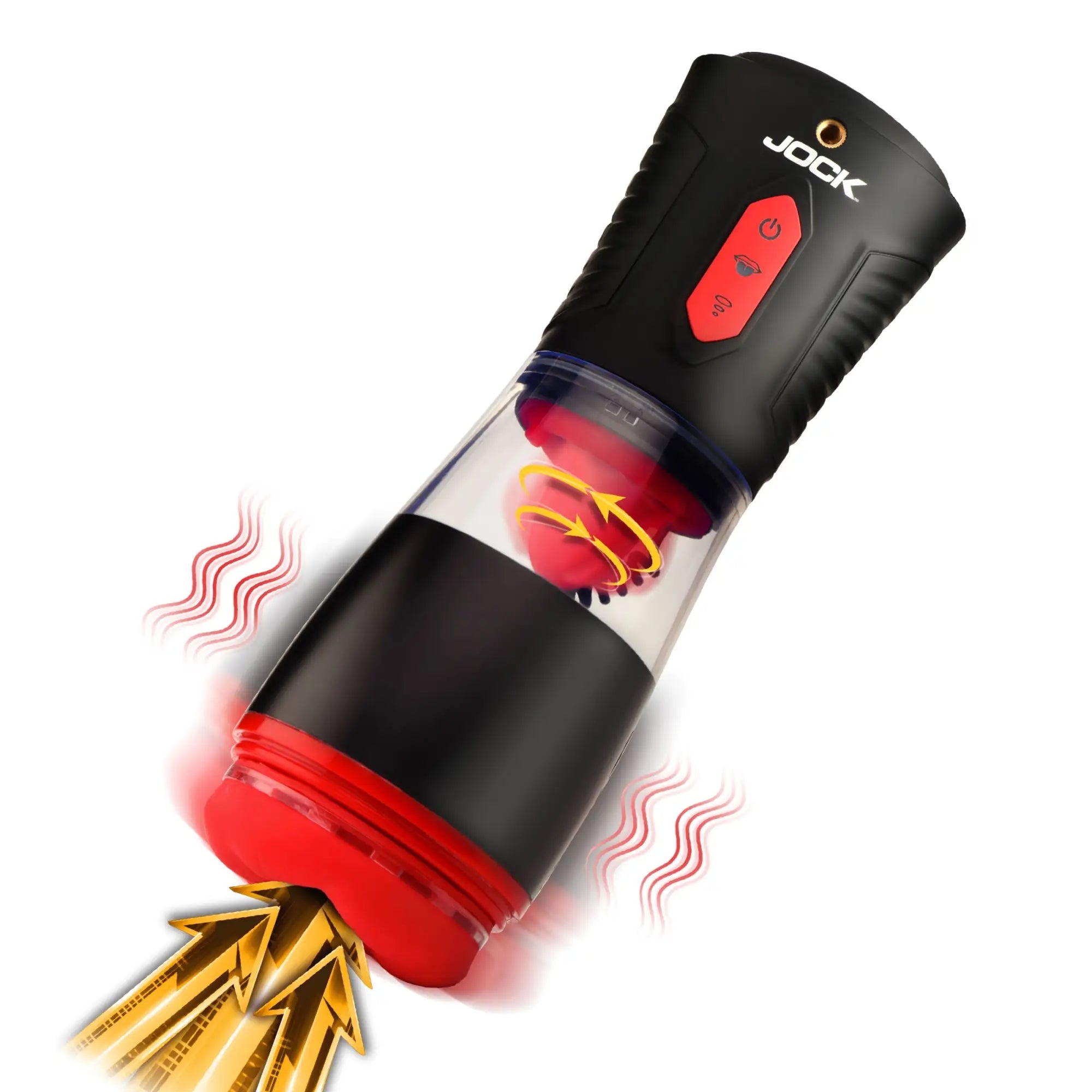 Jock black and red vibrating masturbator with a clear chamber, red silicone interior, and control buttons on the handle.