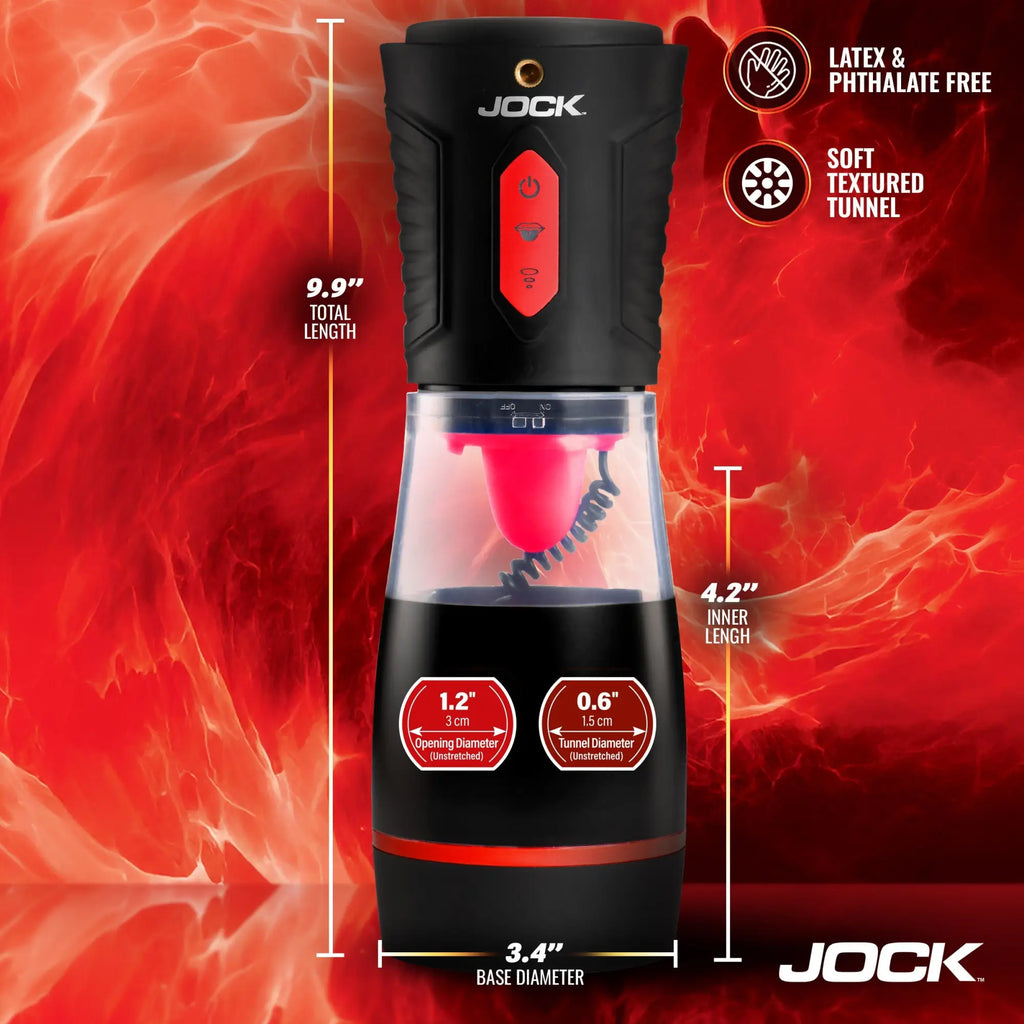 JOCK black masturbator with red accents, clear midsection, and buttons, displayed with dimension labels on a red background.