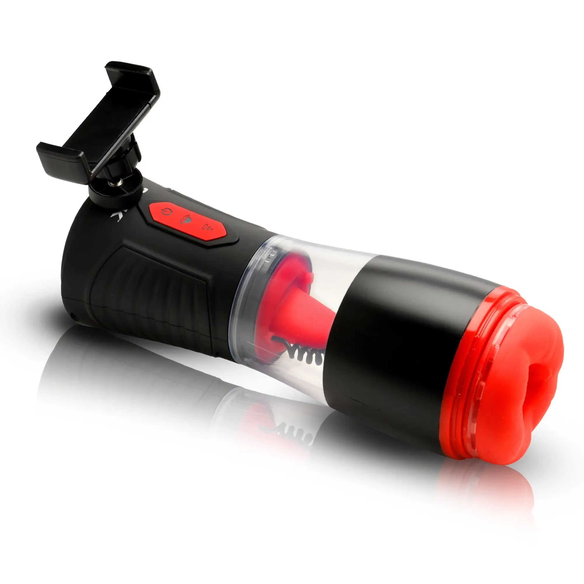 Jock Blow Job masturbator: a black and red handheld device with a phone mount, clear casing, and internal texture.