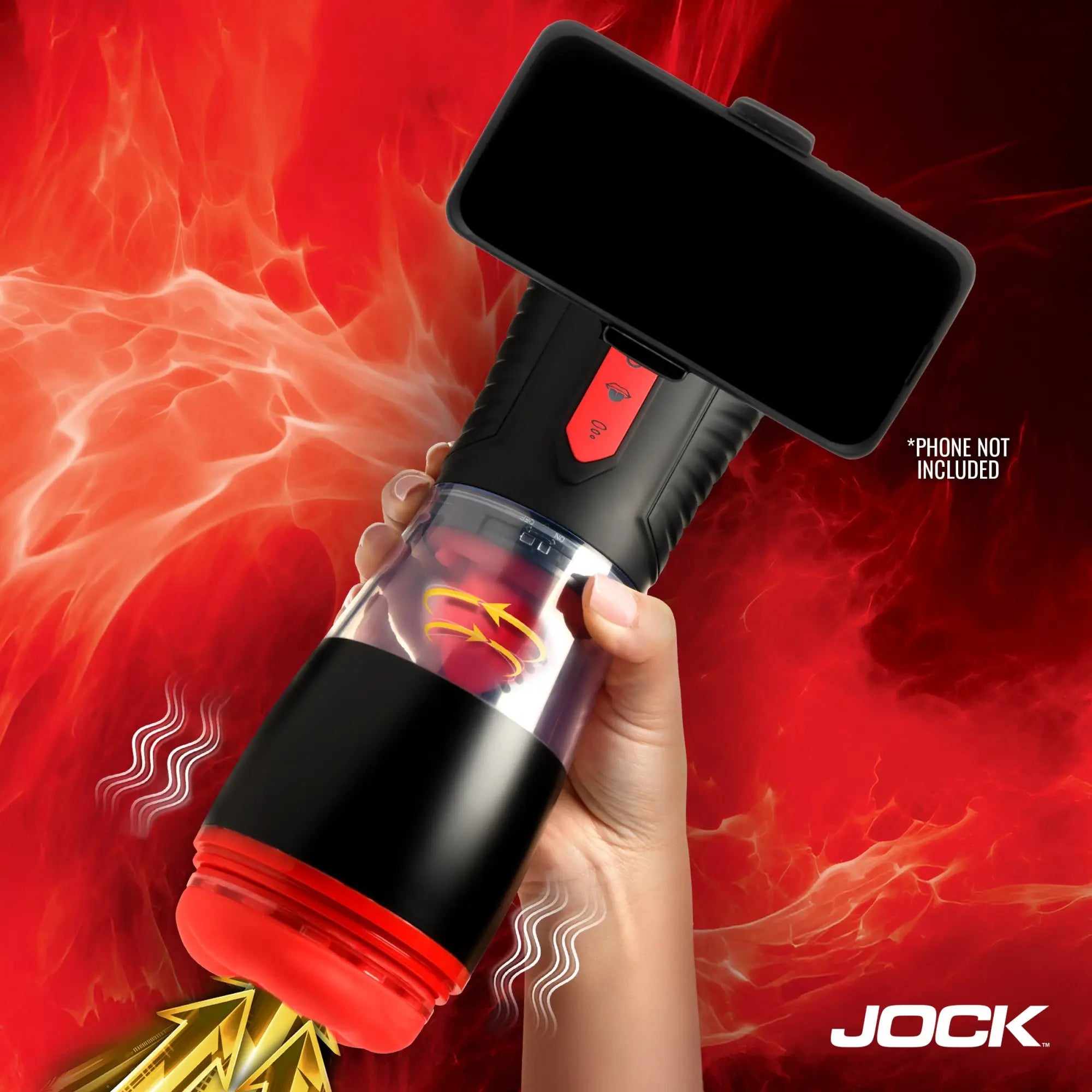 Jock Blow Job masturbator in black and red, featuring a phone mount and a hand holding the device against a red background.