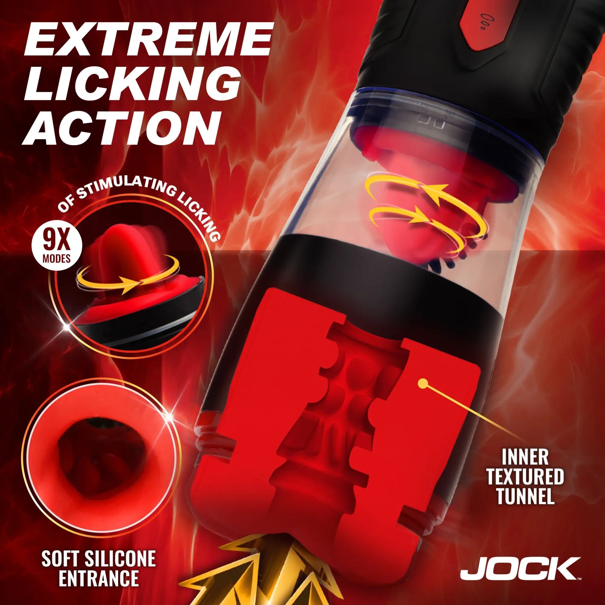 Jock masturbator: a black and red device featuring a textured silicone inner tunnel, vibrating head, and 9 action modes.