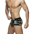 Camouflage-patterned men’s jock boxer briefs with black waistband and white lettering designed for active wear