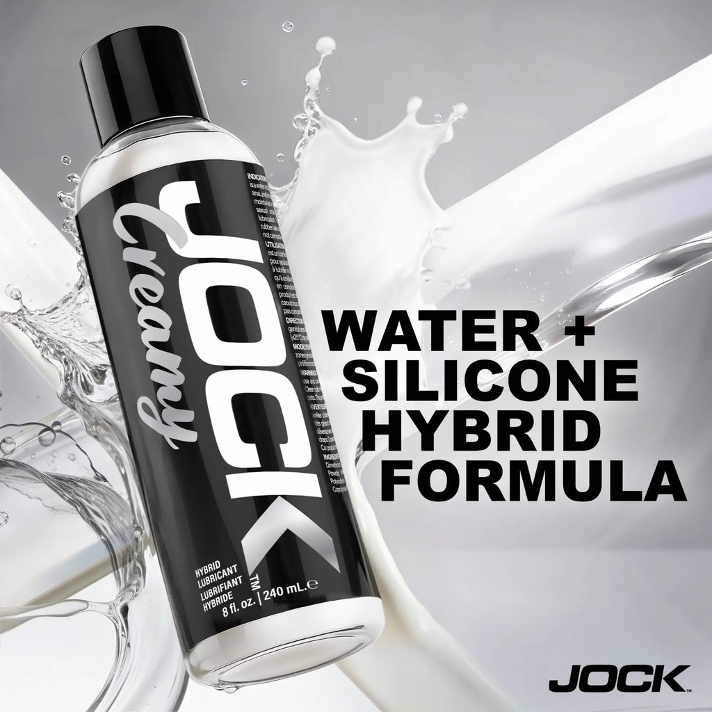 JOCK Creamy lubricant bottle in black and white with splash effects and text stating "Water + Silicone Hybrid Formula."