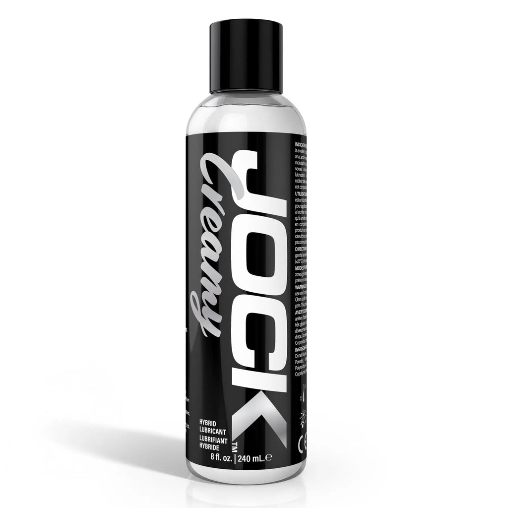 An 8oz bottle of JOCK Creamy Cum Lubricant with a black cap and a bold, black-and-white vertical label.