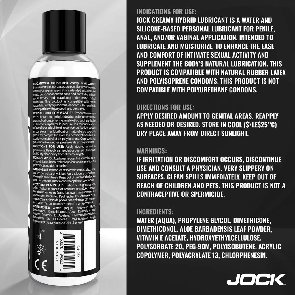 Jock Creamy Cum Lubricant 8oz bottle shown next to its white text label featuring product information and ingredients.