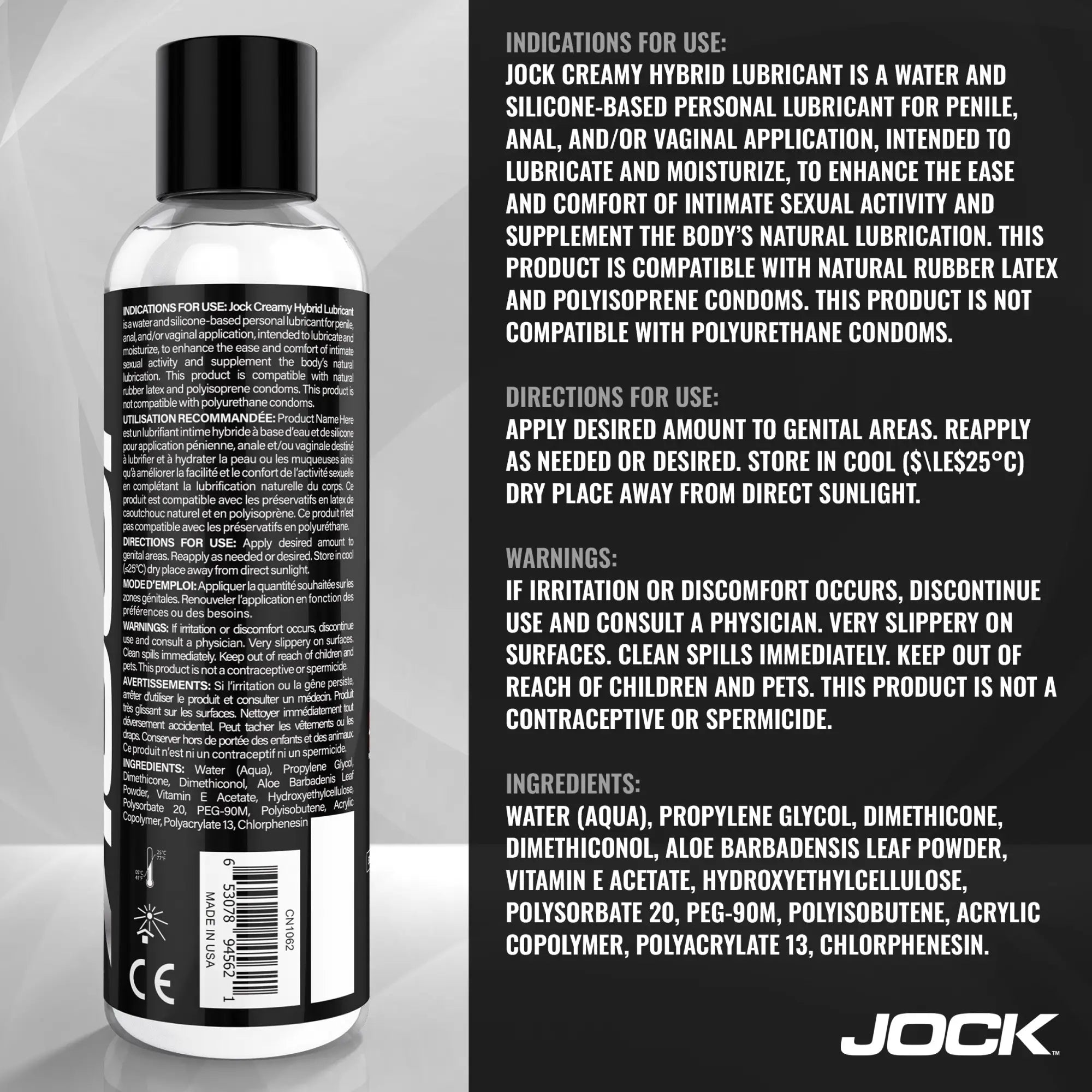 Jock Creamy Cum Lubricant 8oz bottle shown next to its white text label featuring product information and ingredients.