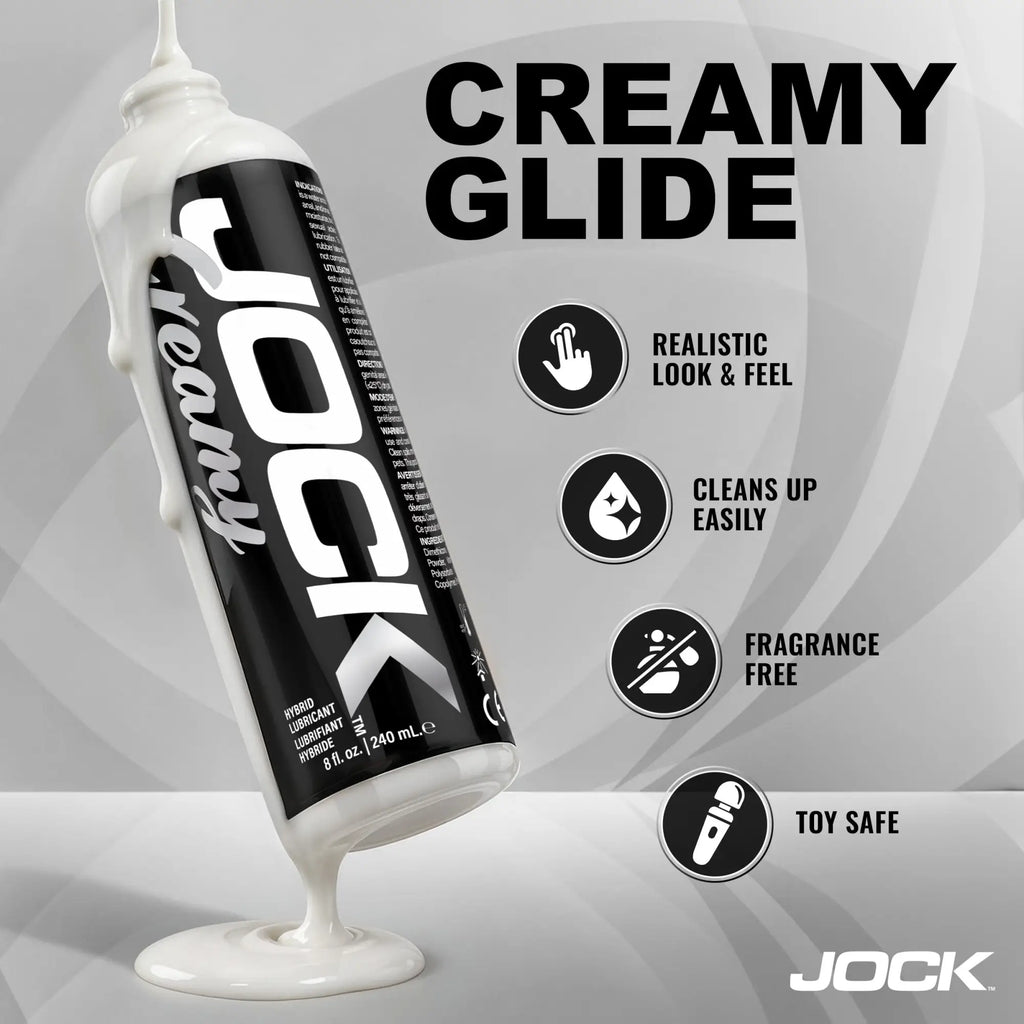 Jock Creamy Cum Lubricant 8oz bottle with white fluid dripping, set against a grey graphic background with feature icons.