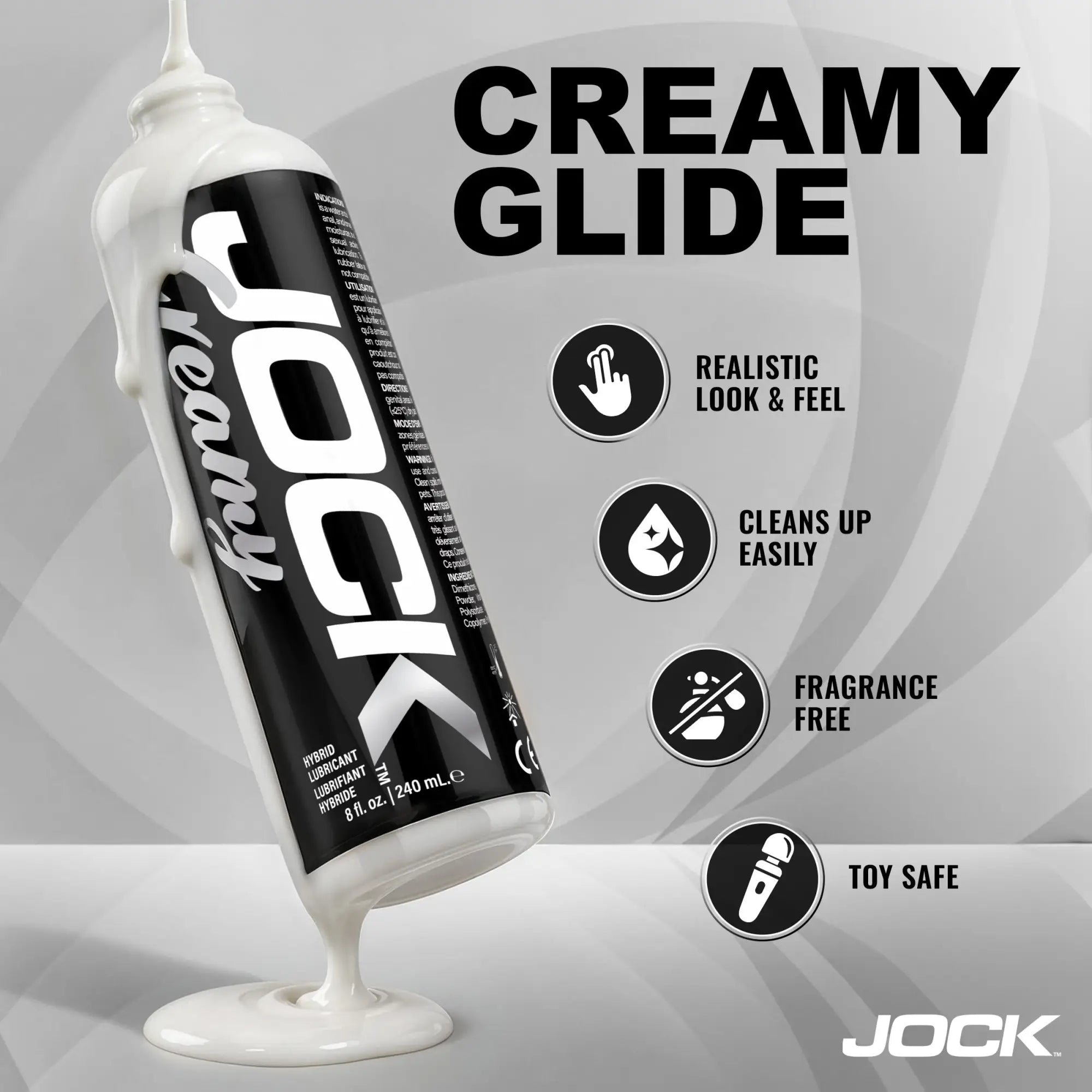 Jock Creamy Cum Lubricant 8oz bottle with white fluid dripping, set against a grey graphic background with feature icons.