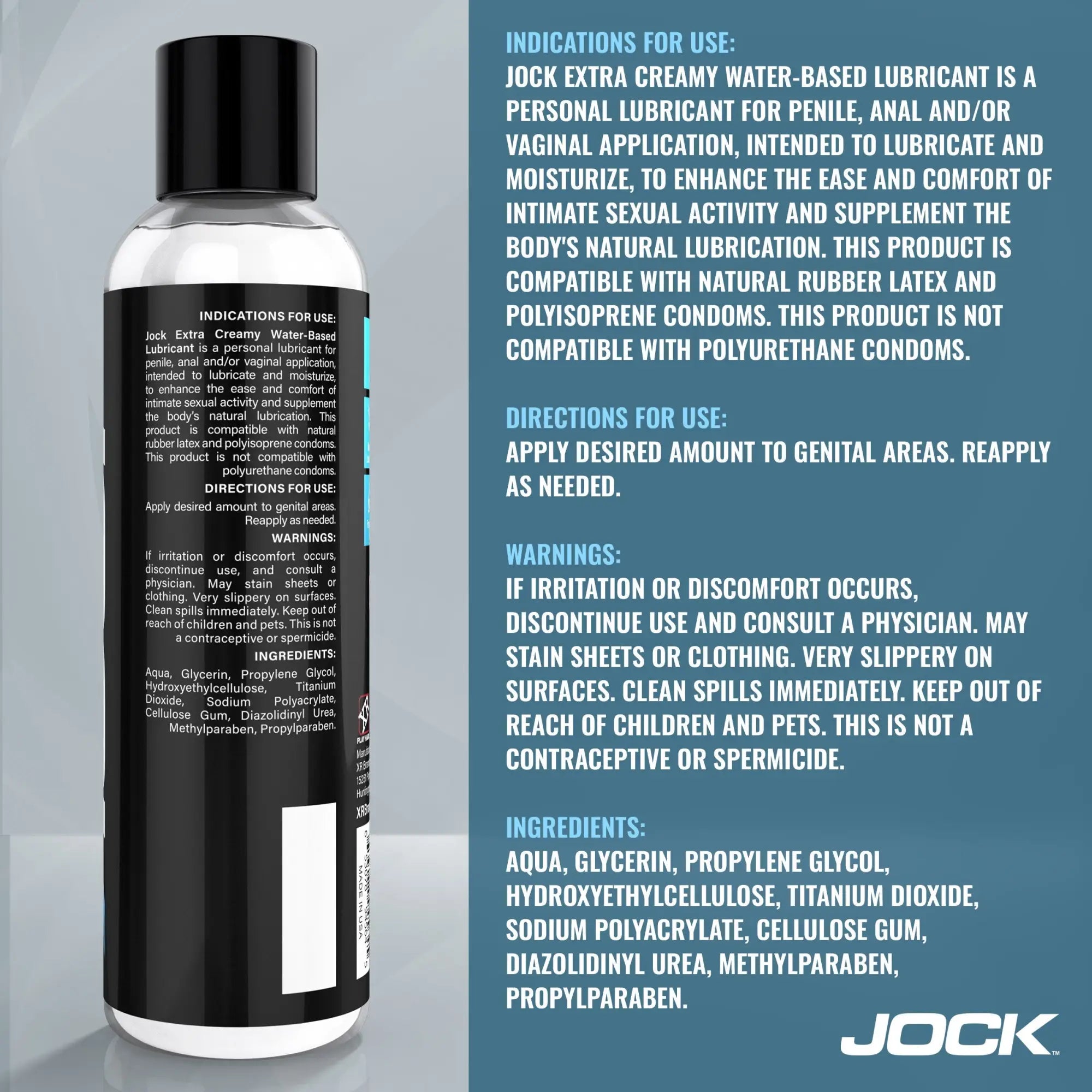 8oz bottle of Jock Extra Creamy Water Based Lubricant with black cap, shown with its label text alongside.