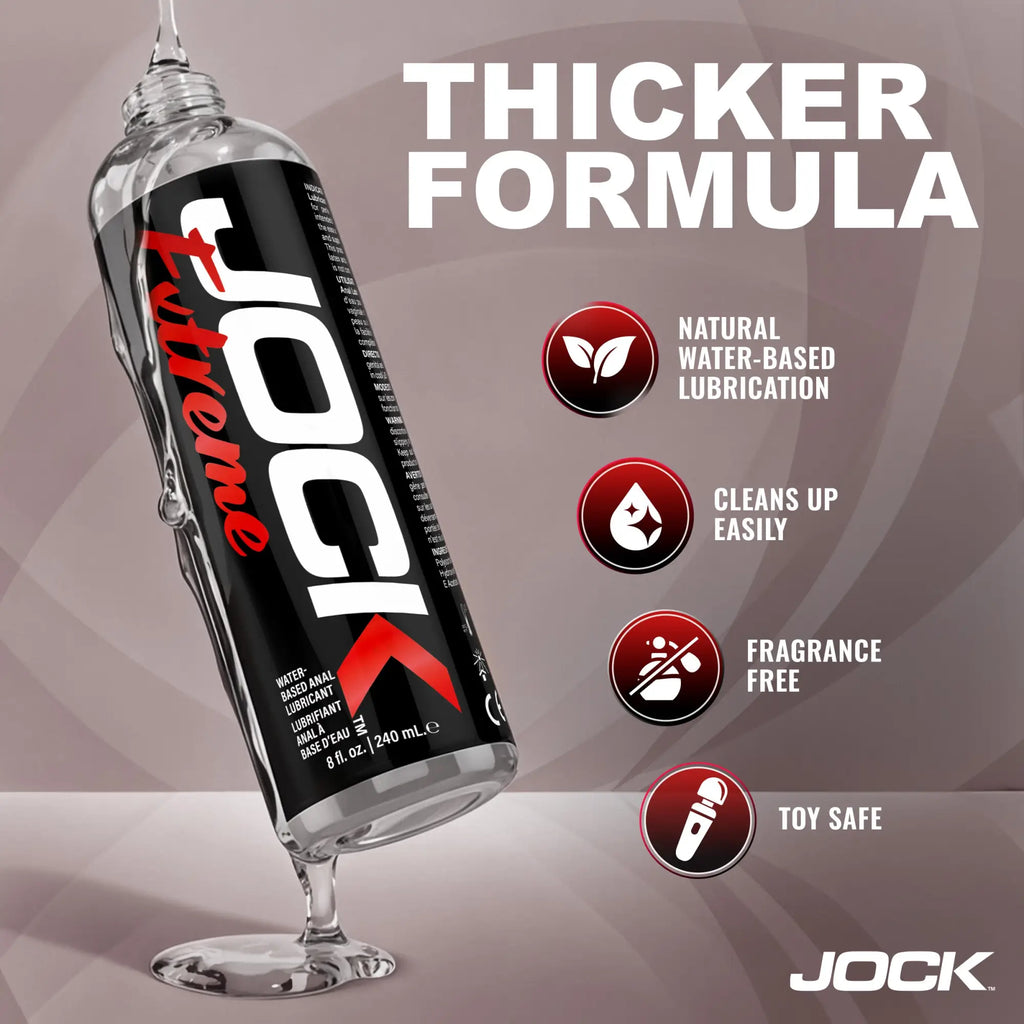 JOCK Extreme Anal Lubricant 8oz bottle with a black label, featuring icons highlighting natural, toy-safe benefits.