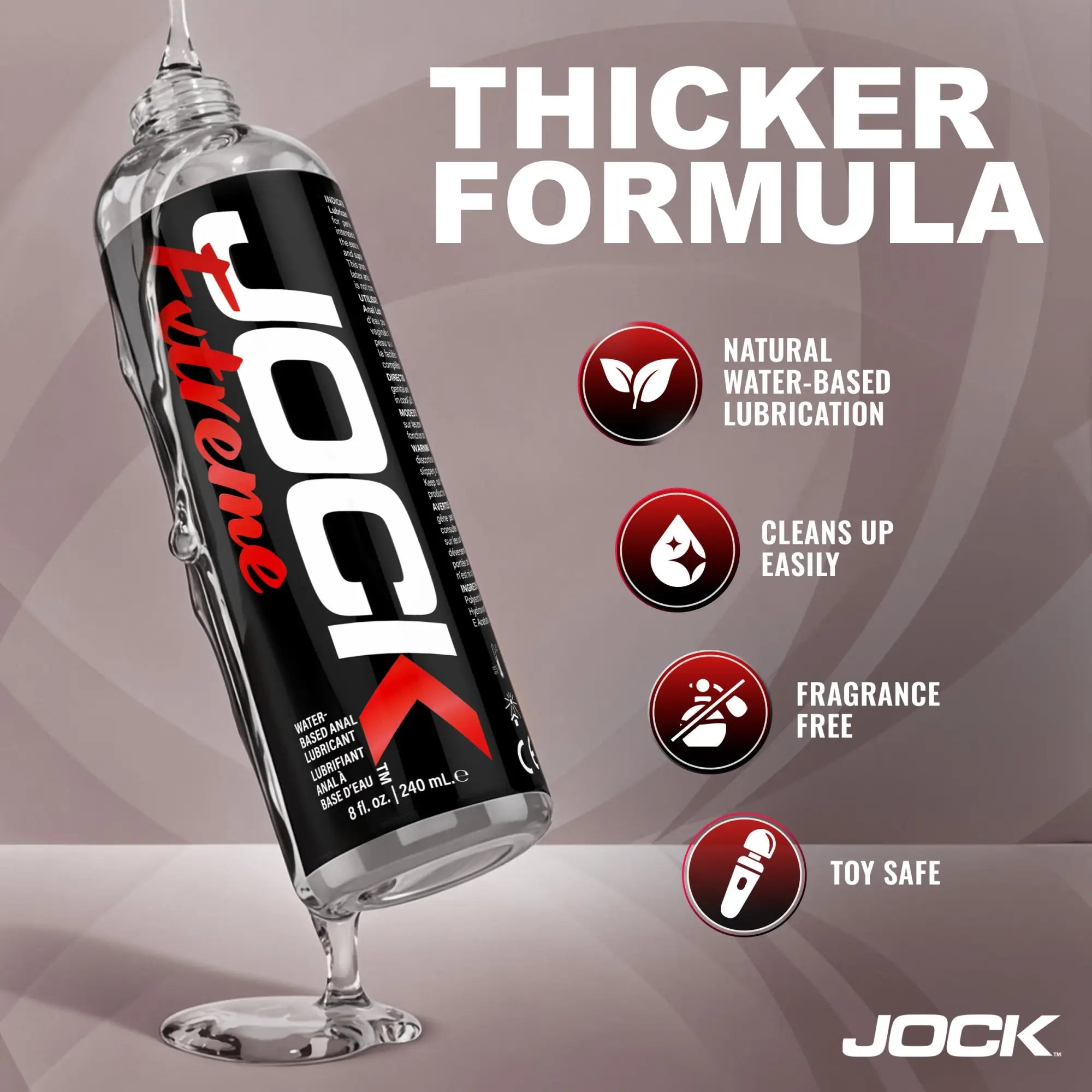 JOCK Extreme Anal Lubricant 8oz bottle with a black label, featuring icons highlighting natural, toy-safe benefits.