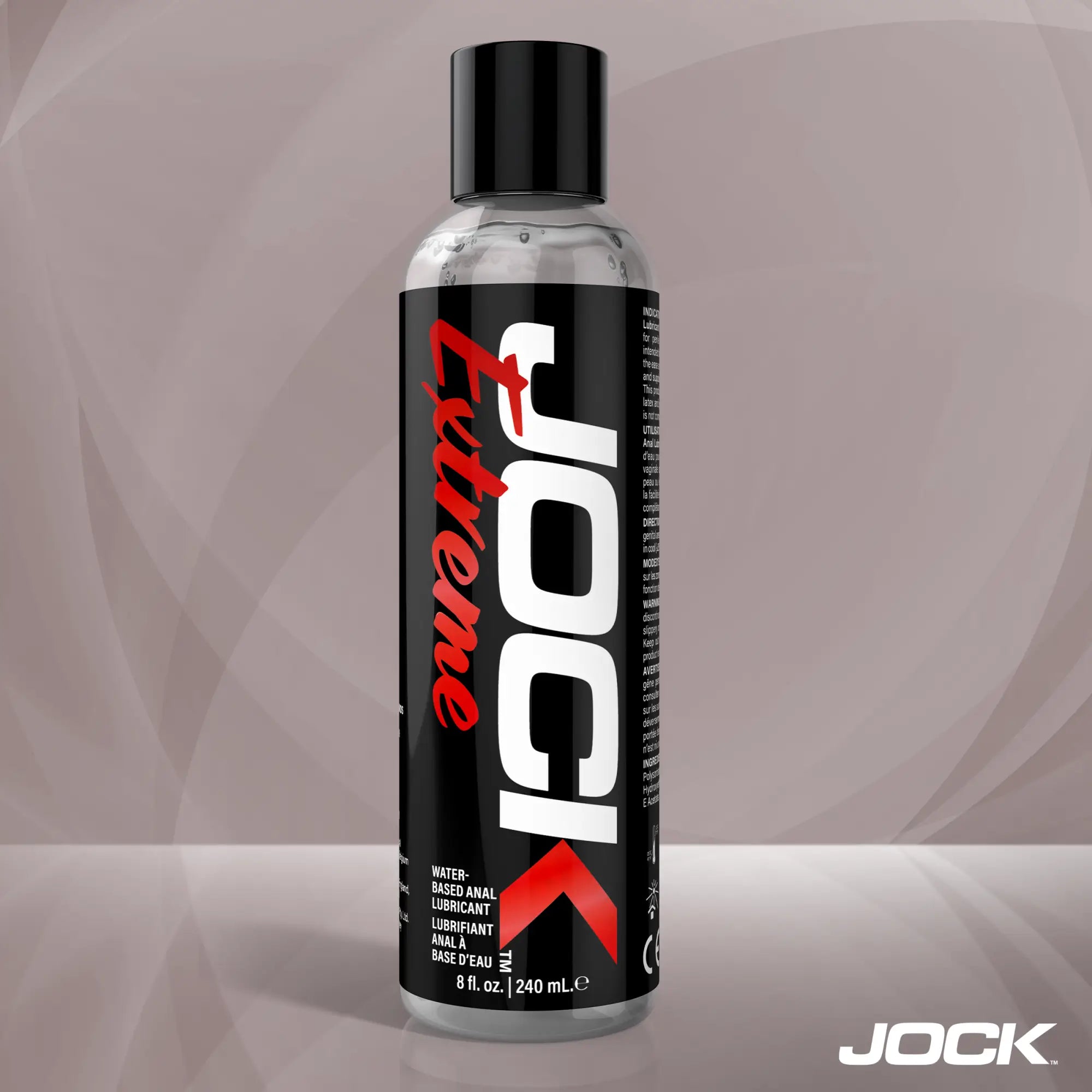 An 8oz clear bottle of JOCK Extreme water-based anal lubricant with a black label, white lettering, and red accents.