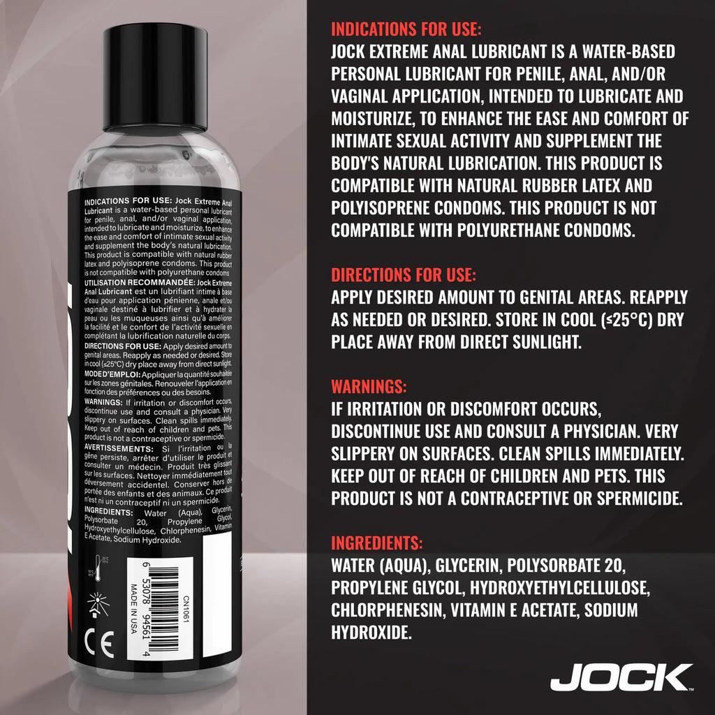 An 8oz bottle of Jock Extreme Anal Lubricant with a black label displaying product instructions and ingredients.