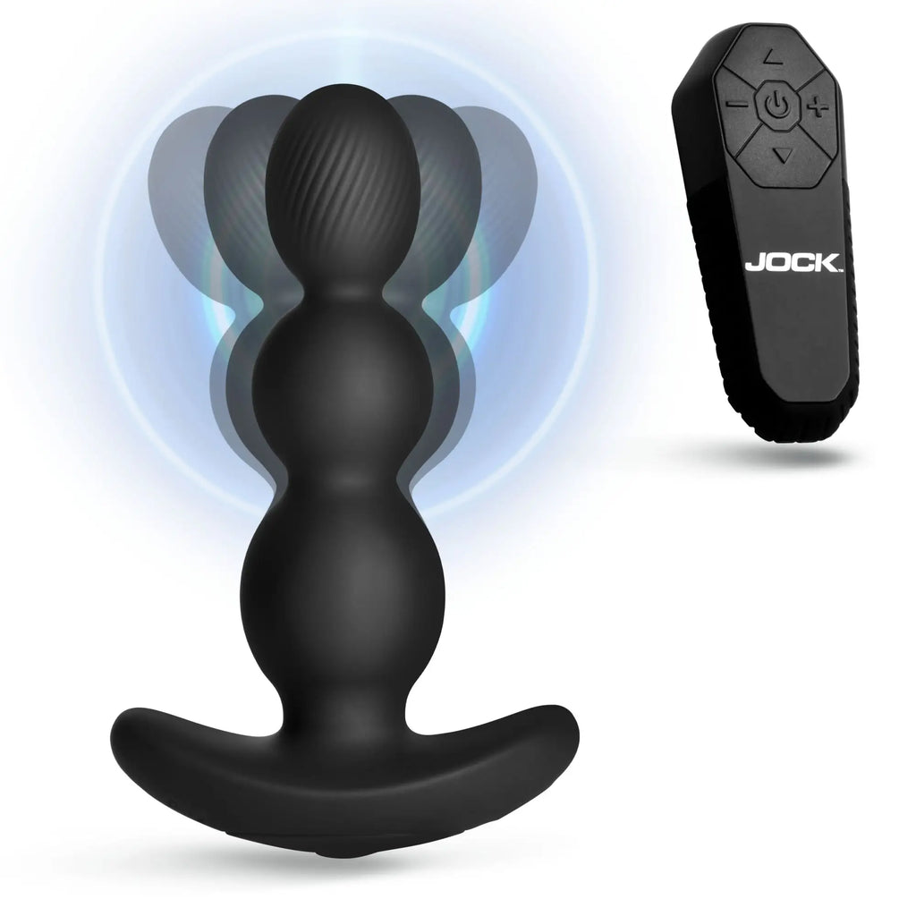 Jock Gyro-X black silicone butt plug with three-sphere design and handheld remote, showing a gyrating motion effect.
