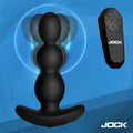 Jock Gyro-X black silicone, multi-bead butt plug with gyrating motion effect and a matching wireless remote control.