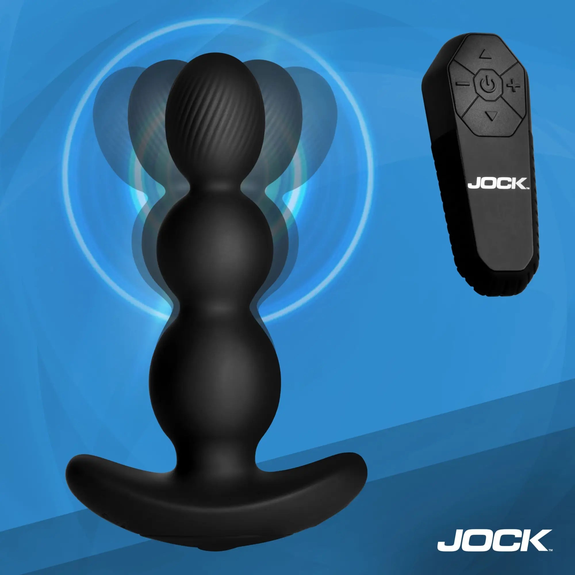 Jock Gyro-X black silicone, multi-bead butt plug with gyrating motion effect and a matching wireless remote control.