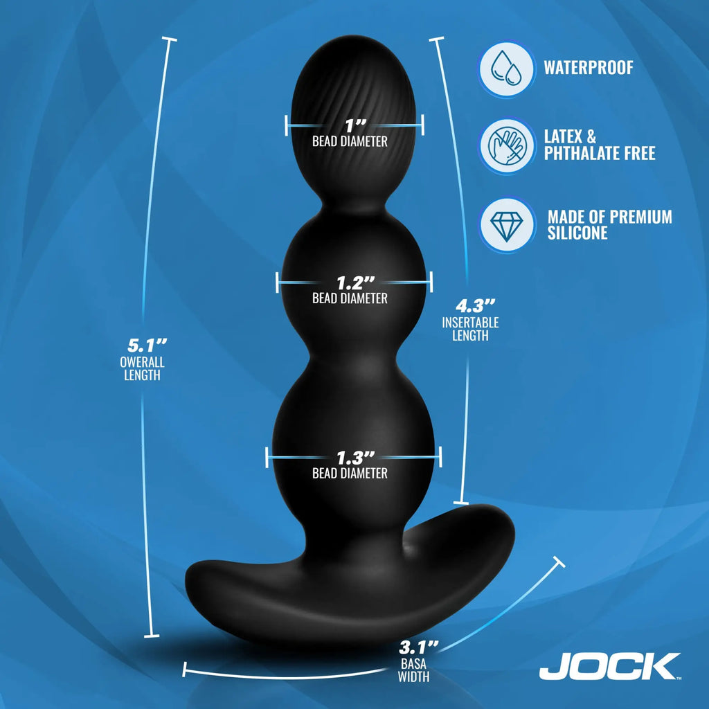 Black silicone Jock Gyro-X butt plug with three graduated beads and T-shaped base, showing size dimensions and features.