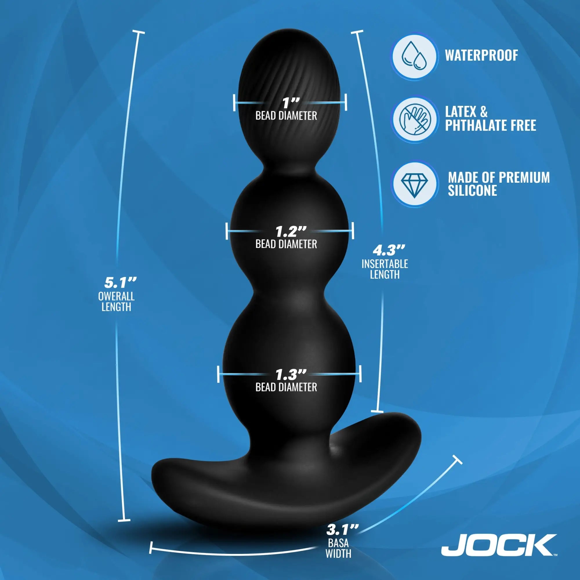 Black silicone Jock Gyro-X butt plug with three graduated beads and T-shaped base, showing size dimensions and features.