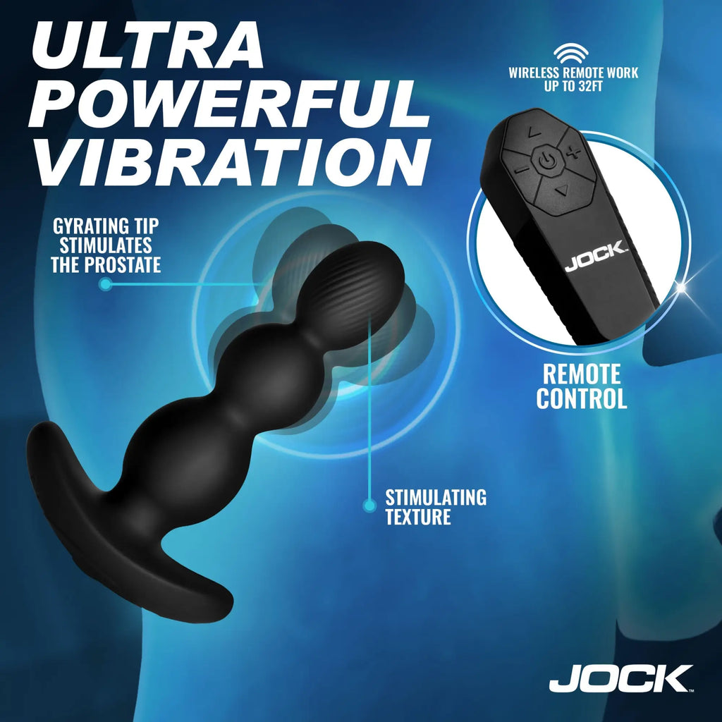 Jock Gyro-X black silicone butt plug with textured tip, gyrating motion effect, and wireless remote control.