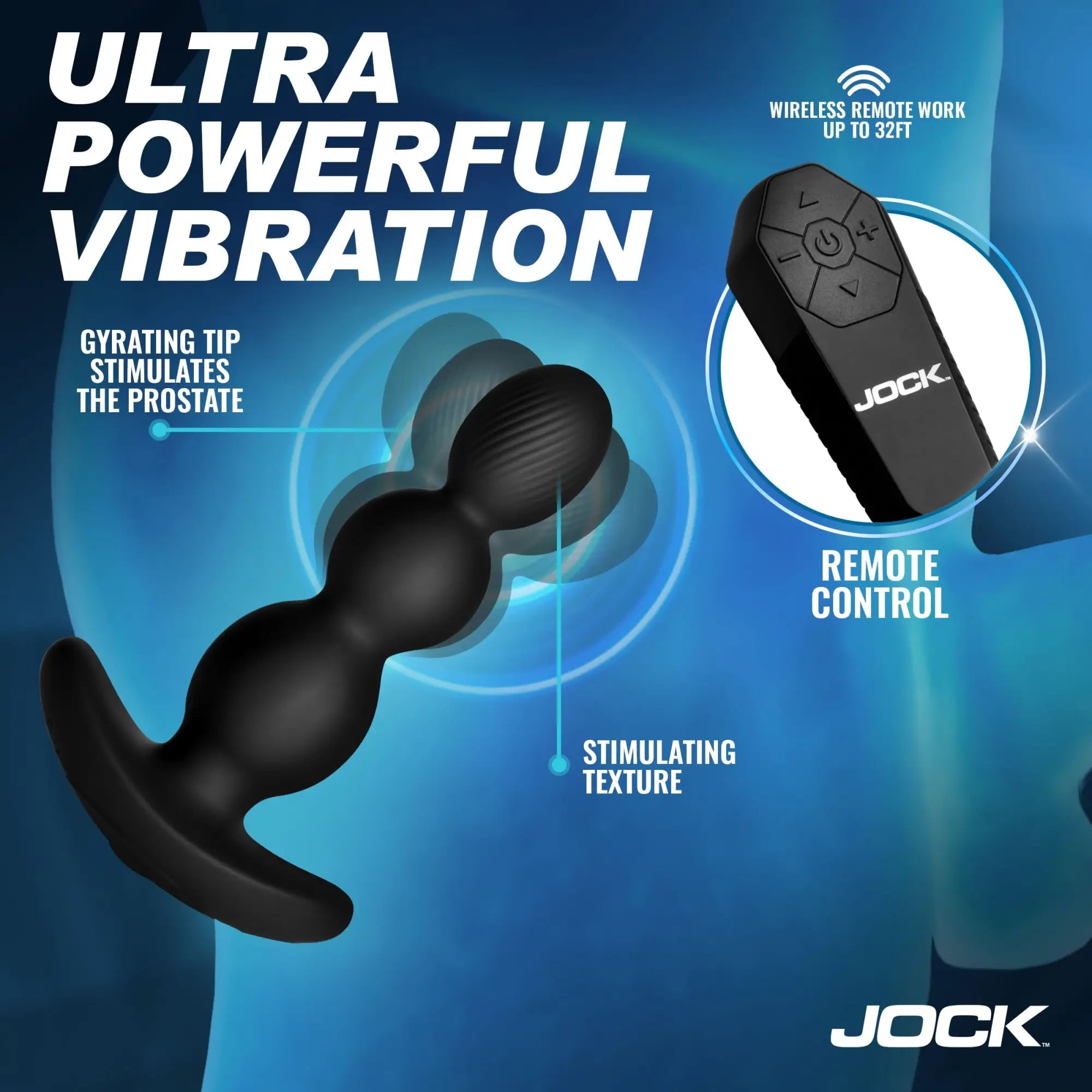 Jock Gyro-X black silicone butt plug with textured tip, gyrating motion effect, and wireless remote control.