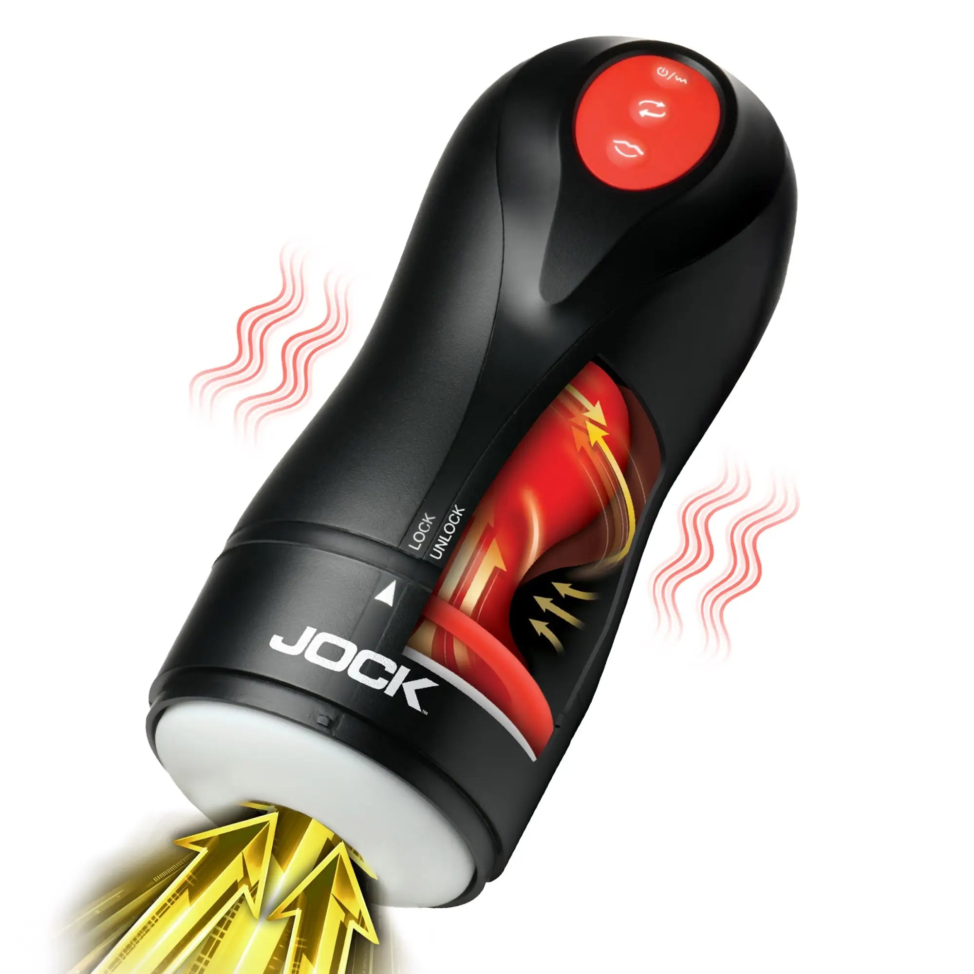 Jock Gyroblast black and red masturbator with white sleeve, button controls, and motion graphics showing air suction.