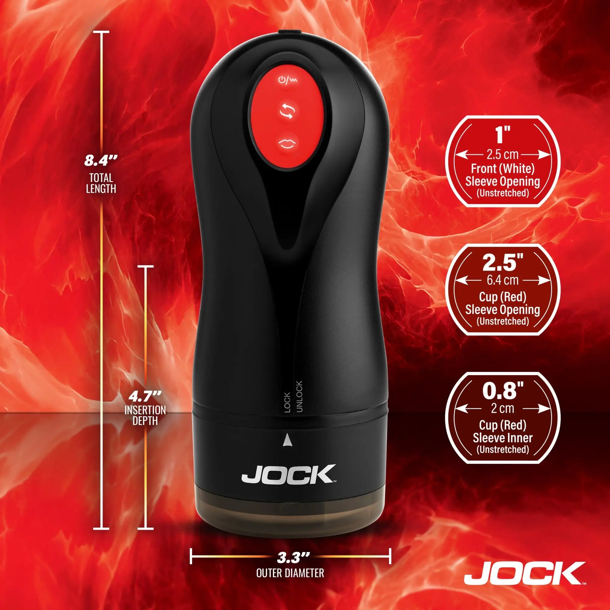 Jock Gyroblast black masturbator with red control buttons, showing dimensions against a fiery red background.