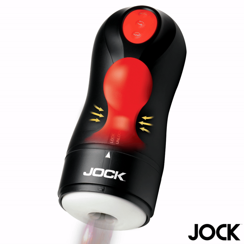 Jock Gyroblast black masturbator with red control buttons and accent, featuring a white internal textured sleeve.