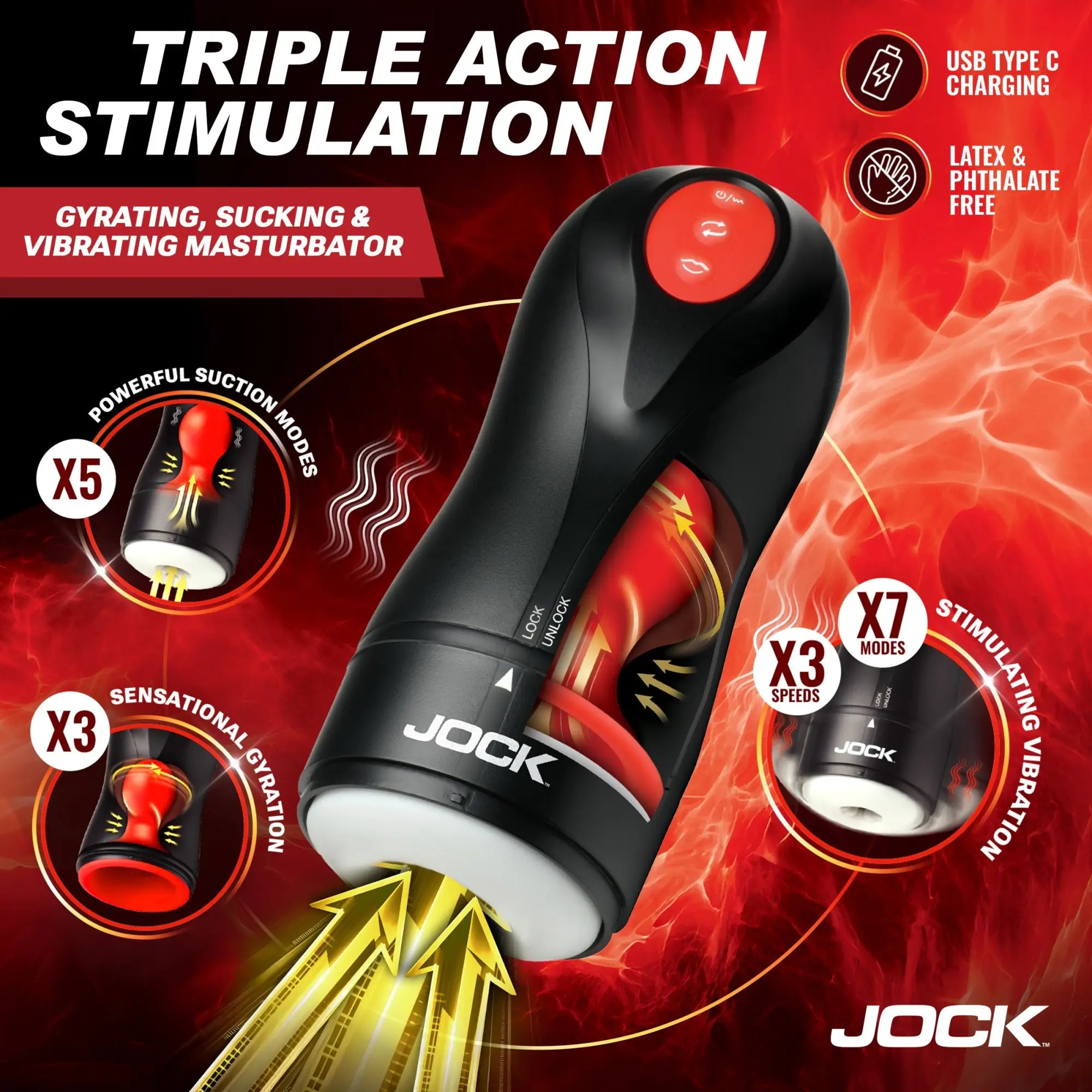 Jock Gyroblast black masturbator with red accents, featuring suction, vibration, and gyration modes on a fiery background.