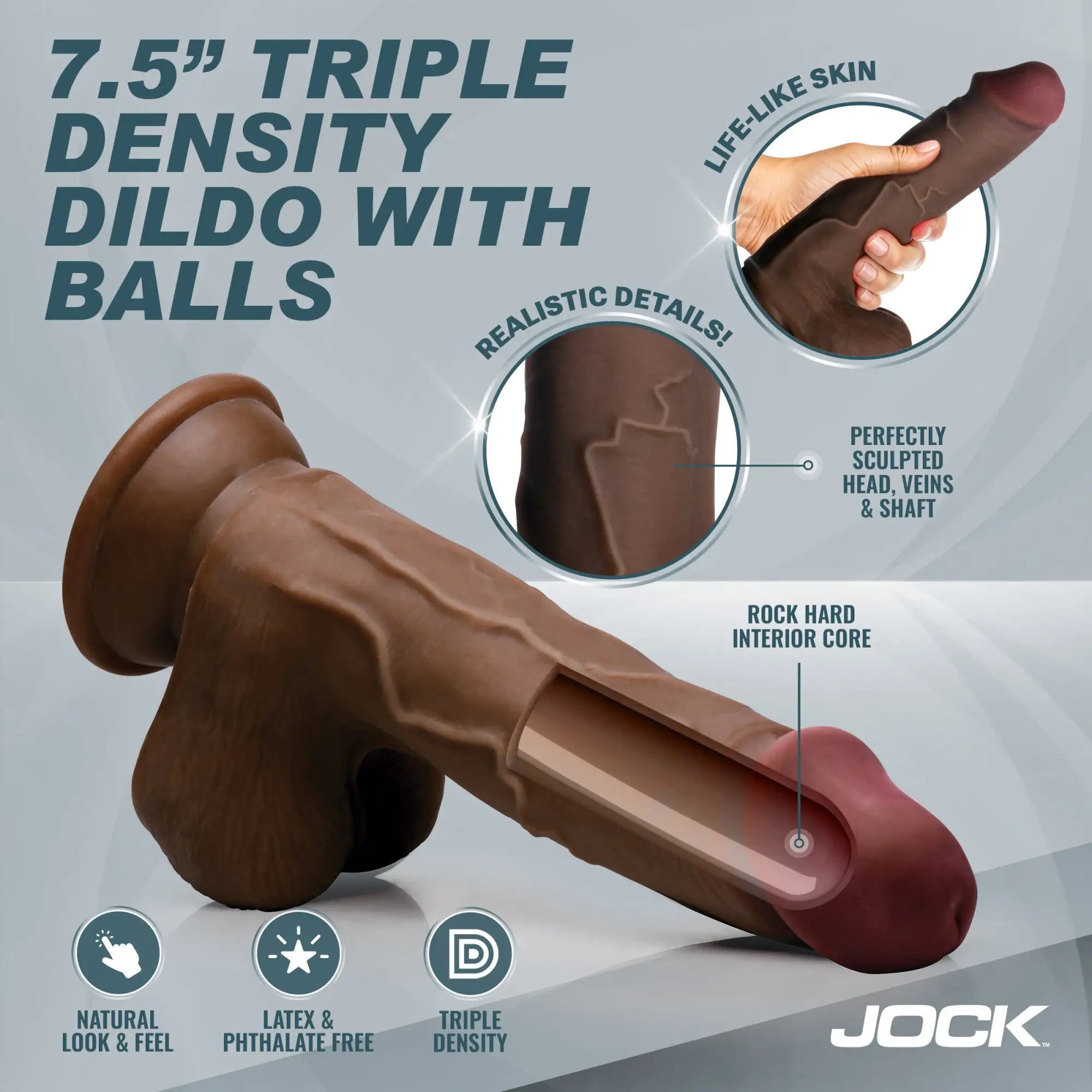 Jock Hard-Core 7.5" brown triple-density dildo with balls, showing realistic veins, sculpted head, and firm inner core.