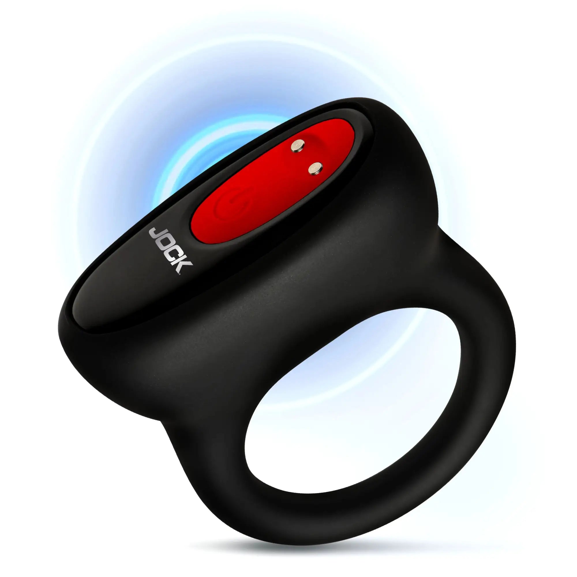 Jock Hard-On black silicone vibrating C-ring with red control panel and power button, featuring blue motion effect.
