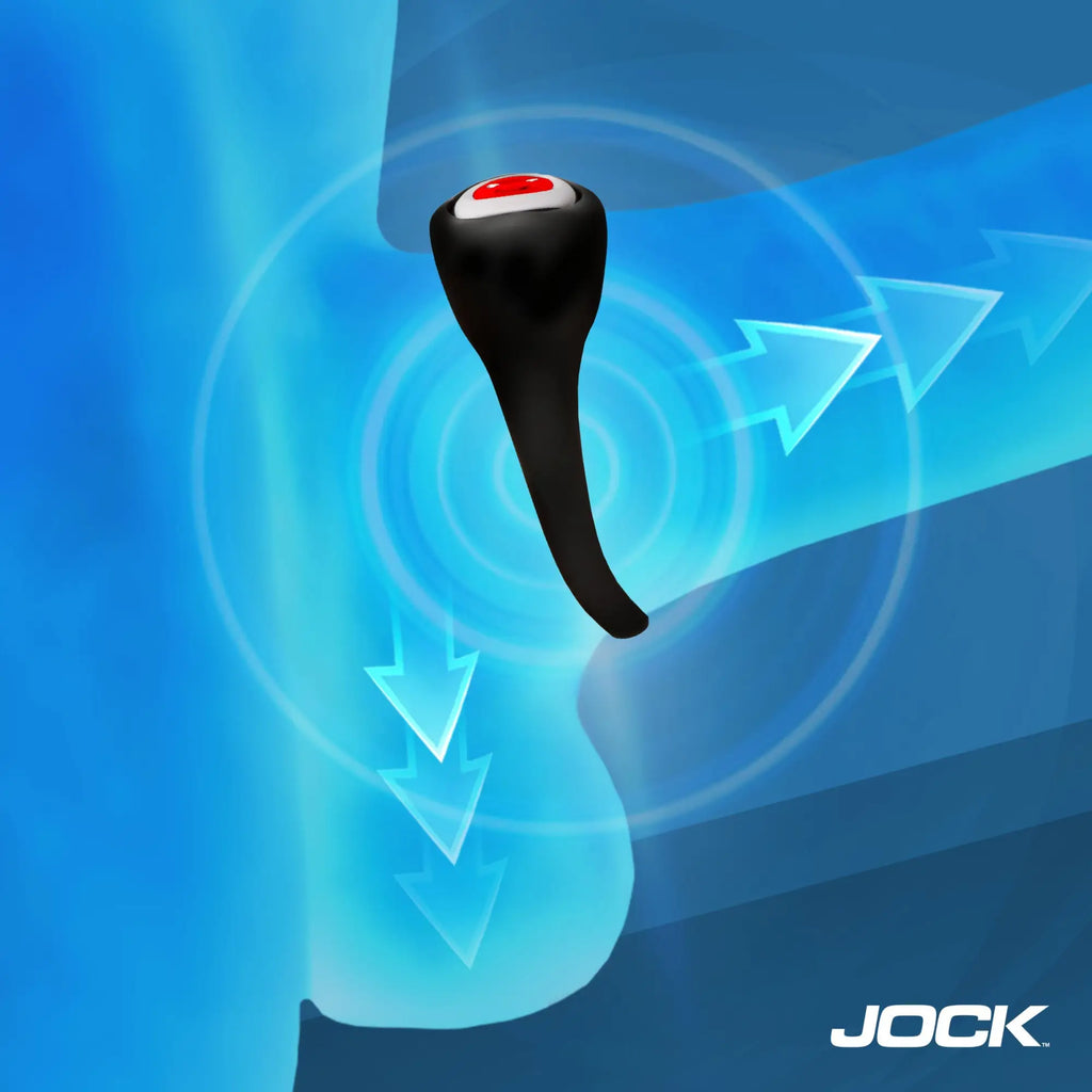 Jock Hard-On black silicone vibrating C-ring on a blue background with white pulsating circles and directional arrows.