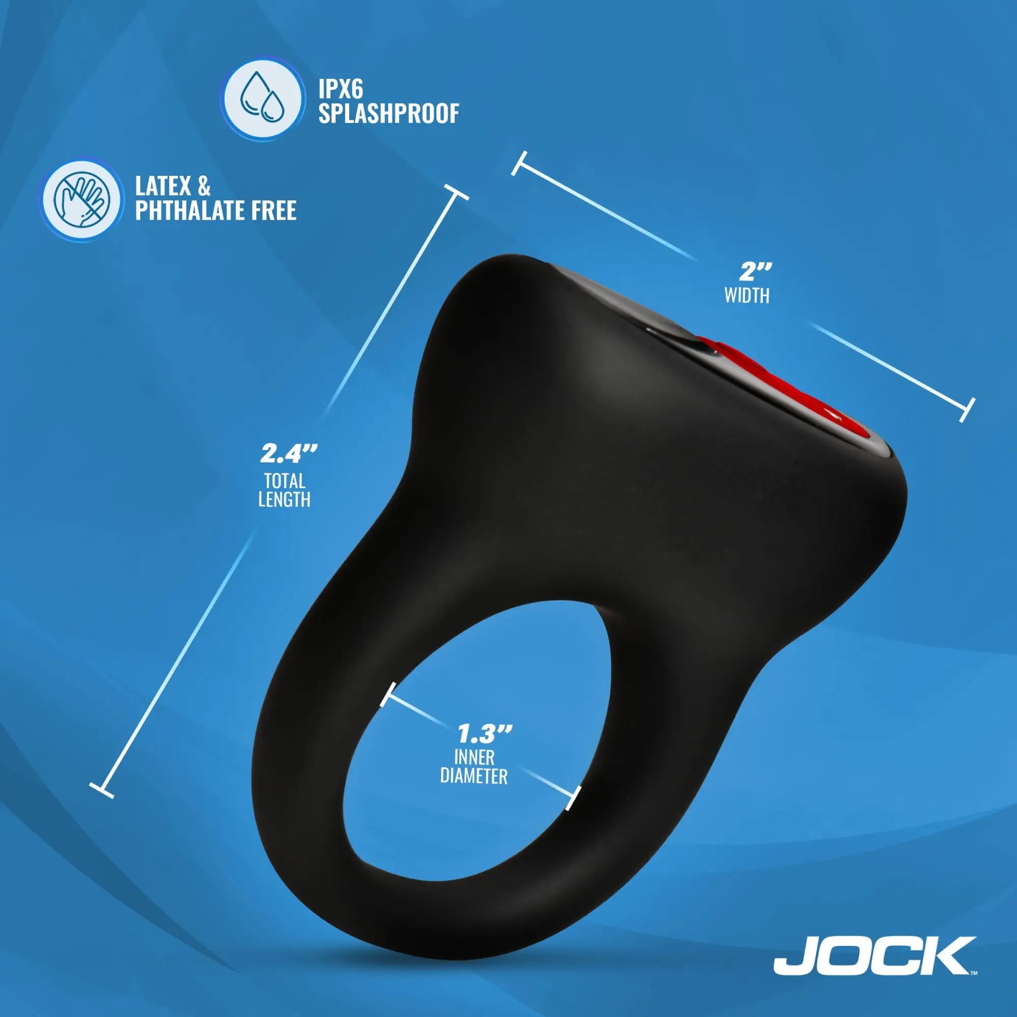 Jock Hard-On black silicone vibrating C-ring showing product dimensions and feature icons on a blue background.