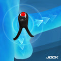 Jock Hard-On black silicone double C-ring with a red vibrating top, set against a blue graphic with directional arrows.