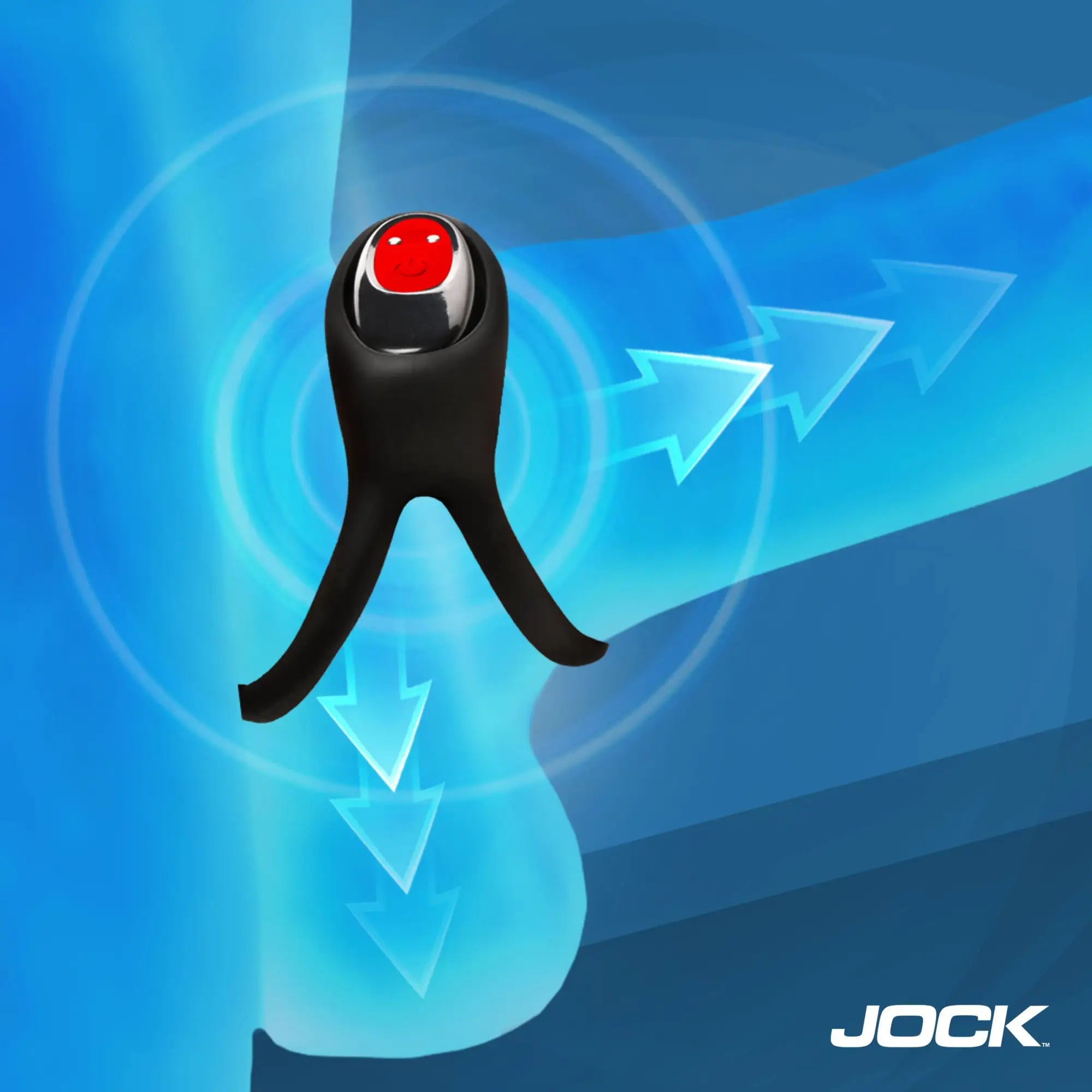Jock Hard-On black silicone double C-ring with a red vibrating top, set against a blue graphic with directional arrows.