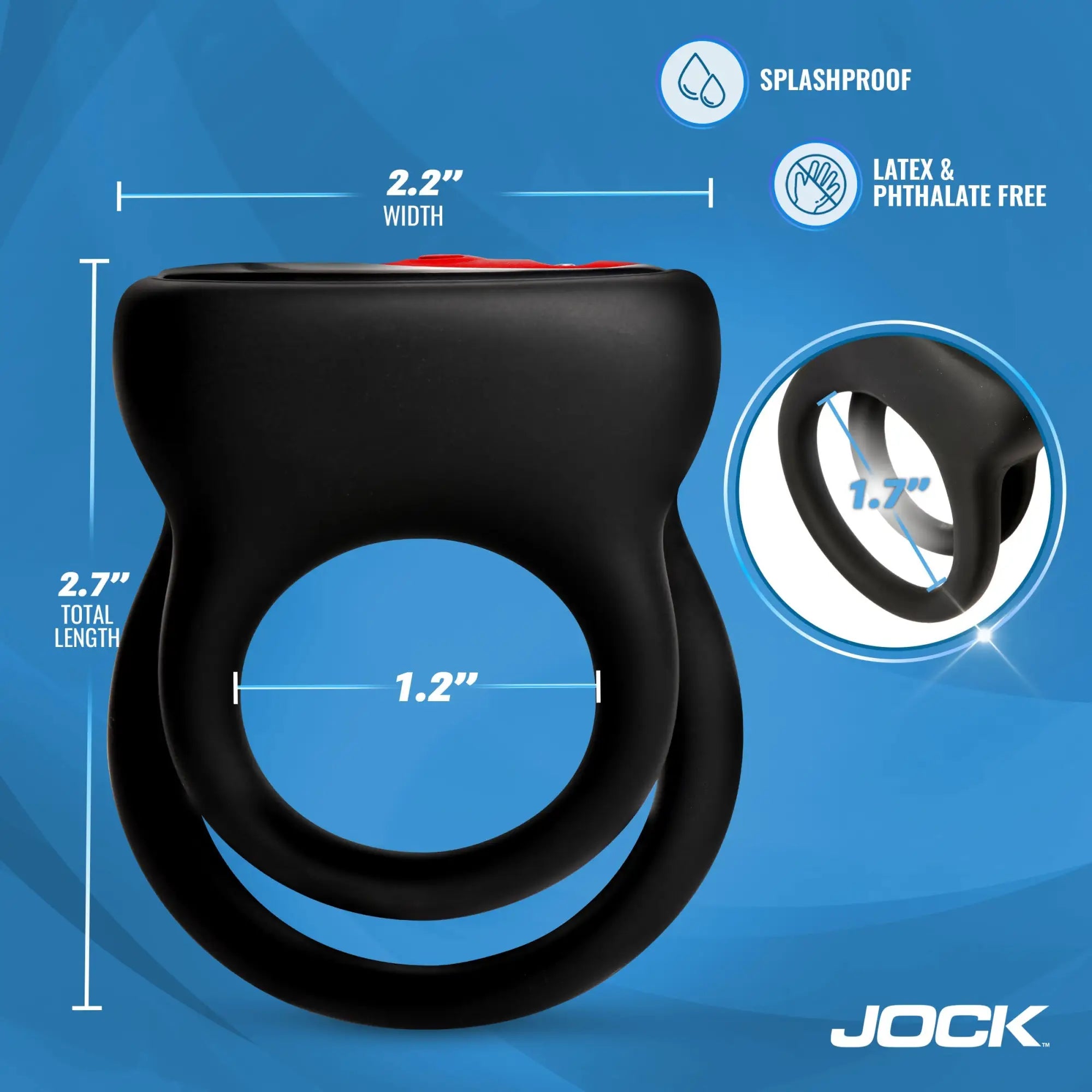 Black Jock Hard-On silicone double C-ring with dimensions, splashproof and phthalate-free icons, on a blue background.