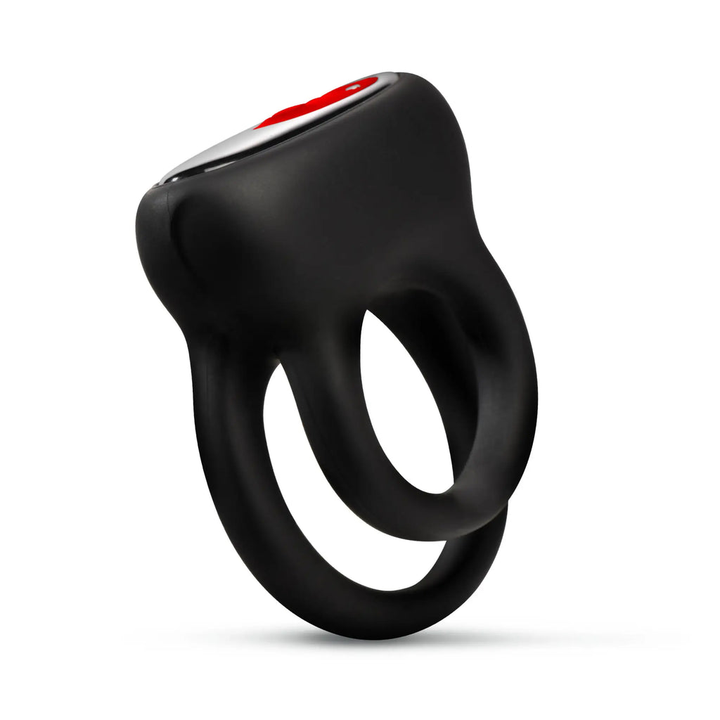 Black Jock Hard-On vibrating silicone double C-ring with a silver top and red control button against a white background.
