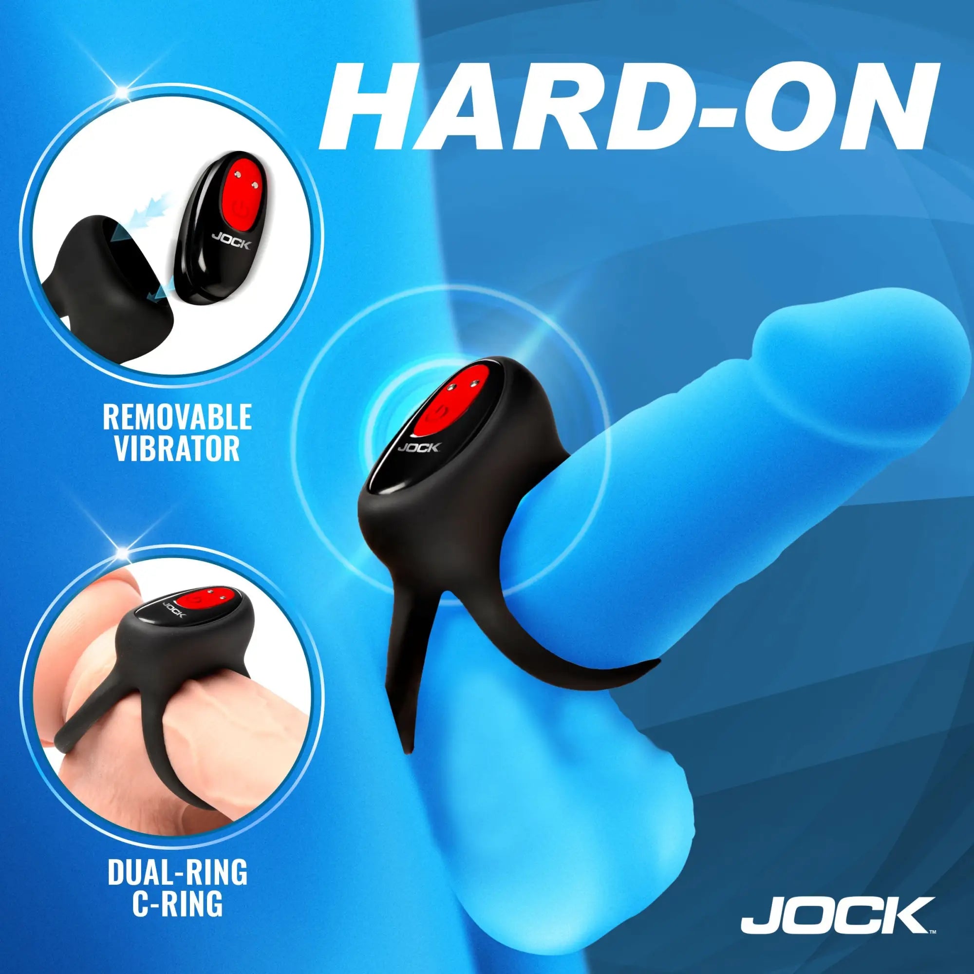 Jock Hard-On black silicone double C-ring with a removable red-button vibrator shown in use on a blue model.