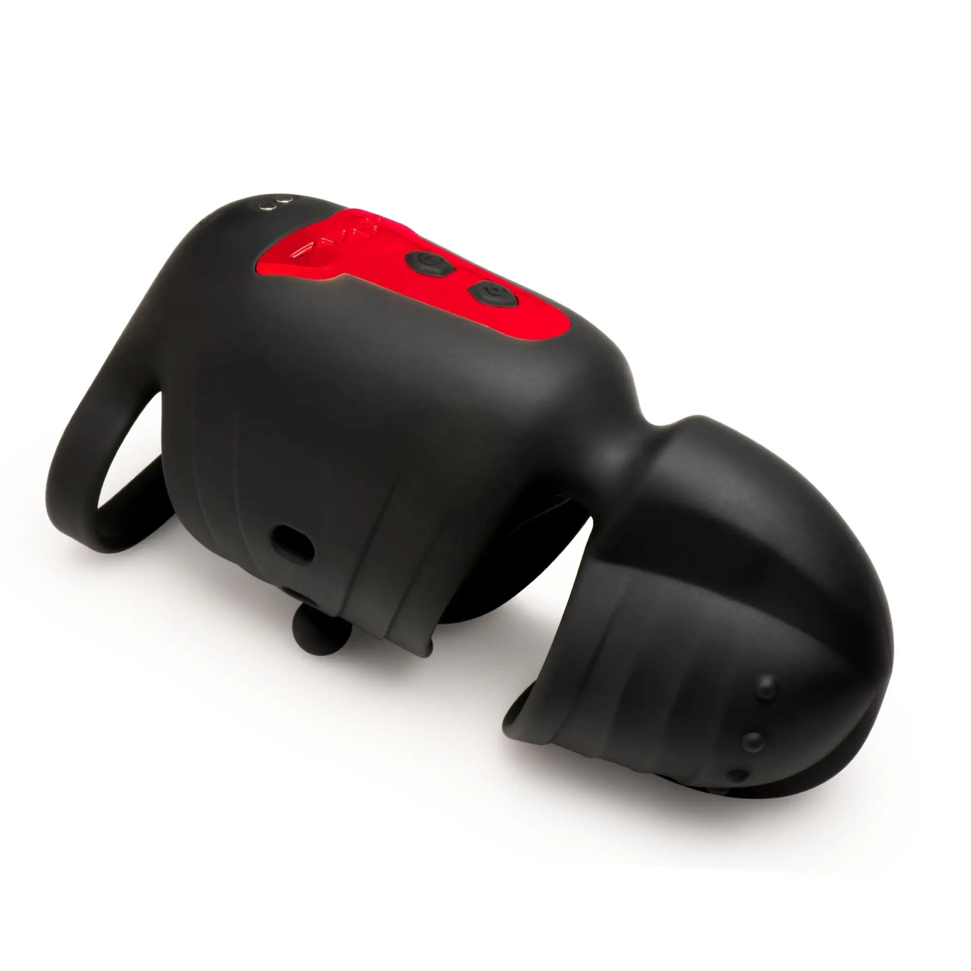 Black and red Jock Helmet Humper vibrating masturbator with a sleek, ergonomic silicone design on a white background.