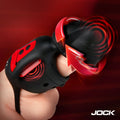 Jock Helmet Humper black and red silicone vibrating masturbator worn on a finger with glowing red motion arrows.