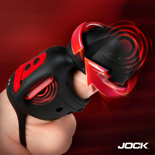 Jock Helmet Humper black and red silicone vibrating masturbator worn on a finger with glowing red motion arrows.