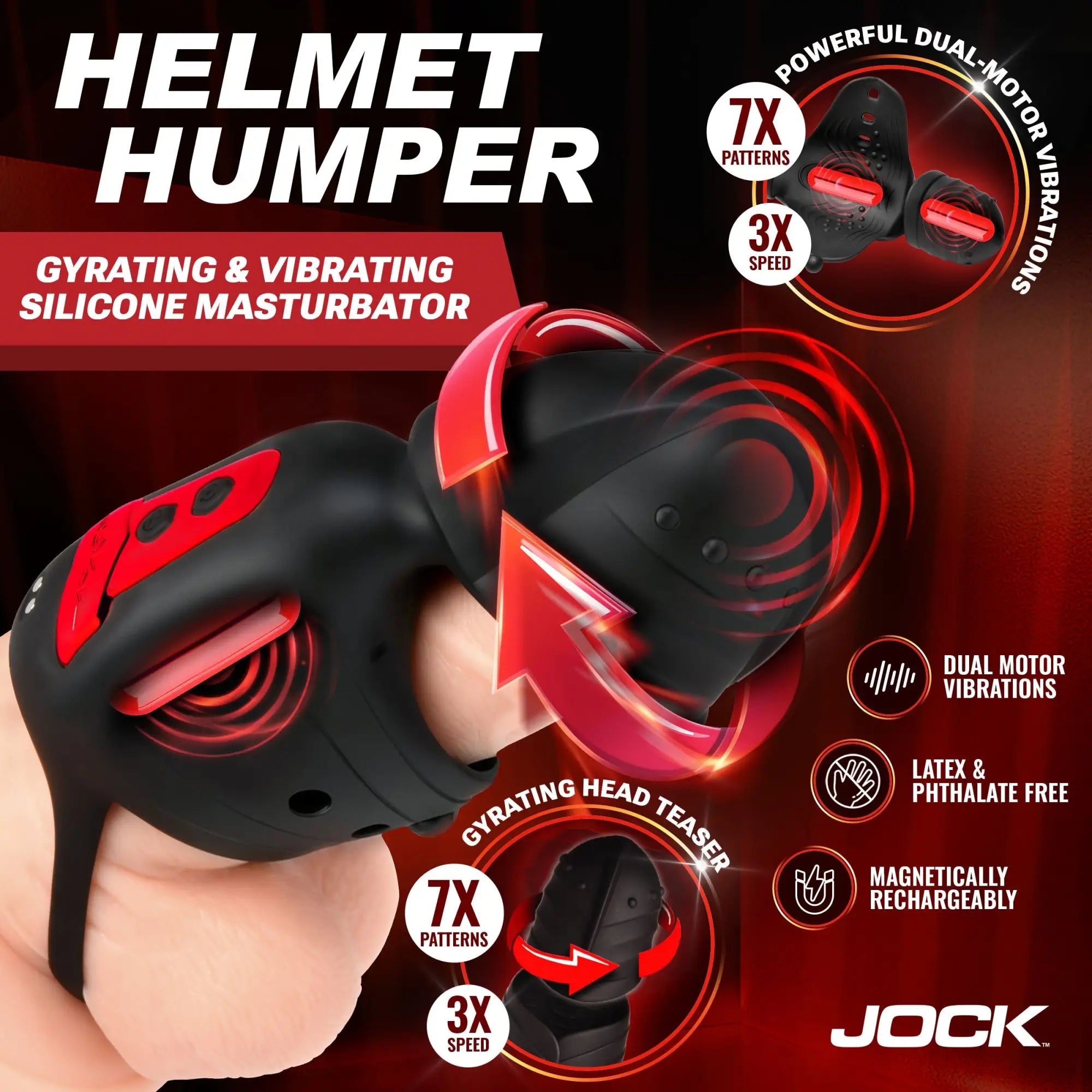 Jock Helmet Humper: Black silicone gyrating masturbator with red accents, worn on a finger, featuring dual-motor vibration.
