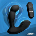 Black silicone Jock P-Force prostate vibrator with a ribbed external stimulator and matching remote on a blue background.