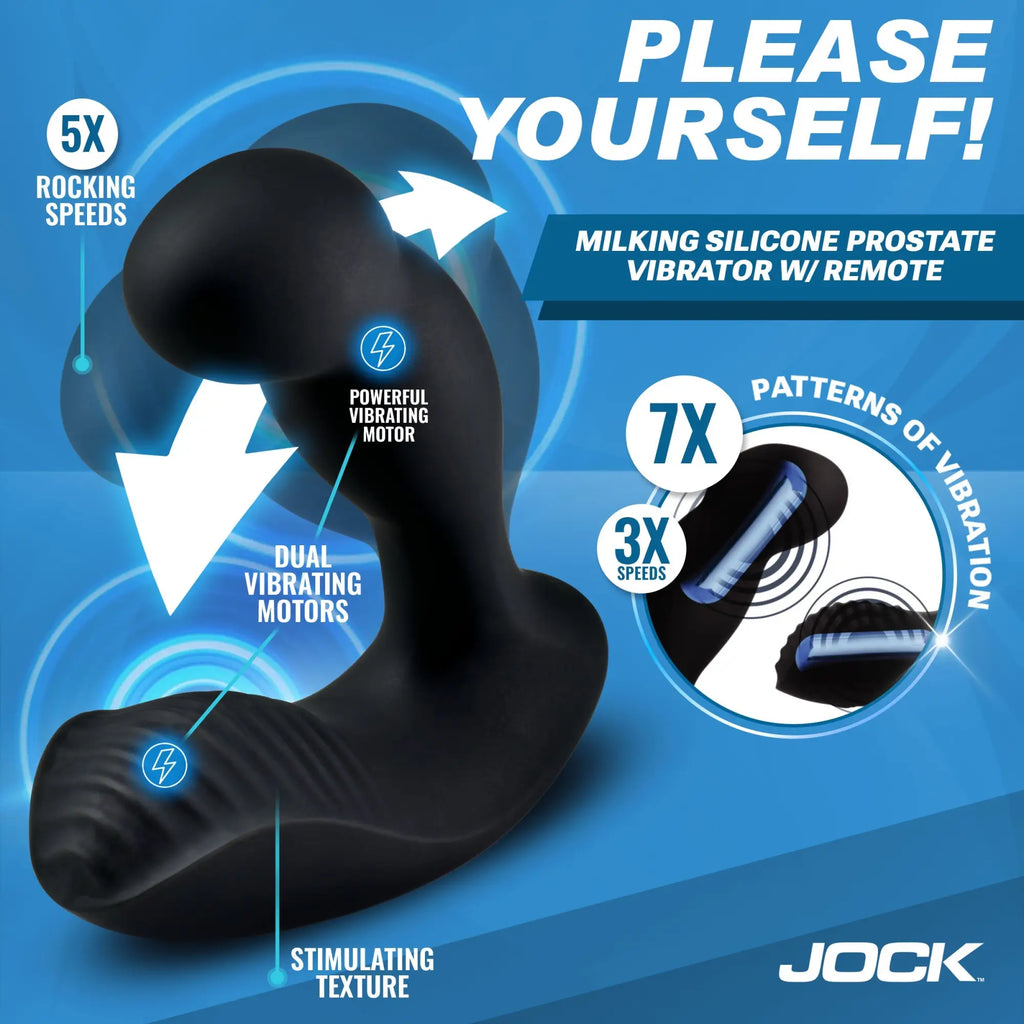 Black silicone Jock P-Force prostate vibrator with dual motors, textured design, and remote control features.