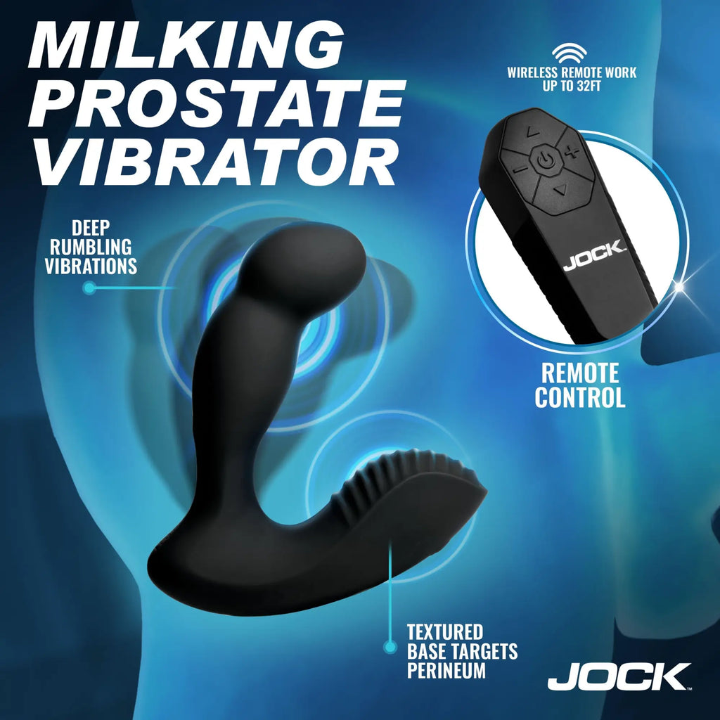Jock P-Force black silicone prostate vibrator with textured perineum base and wireless remote control.