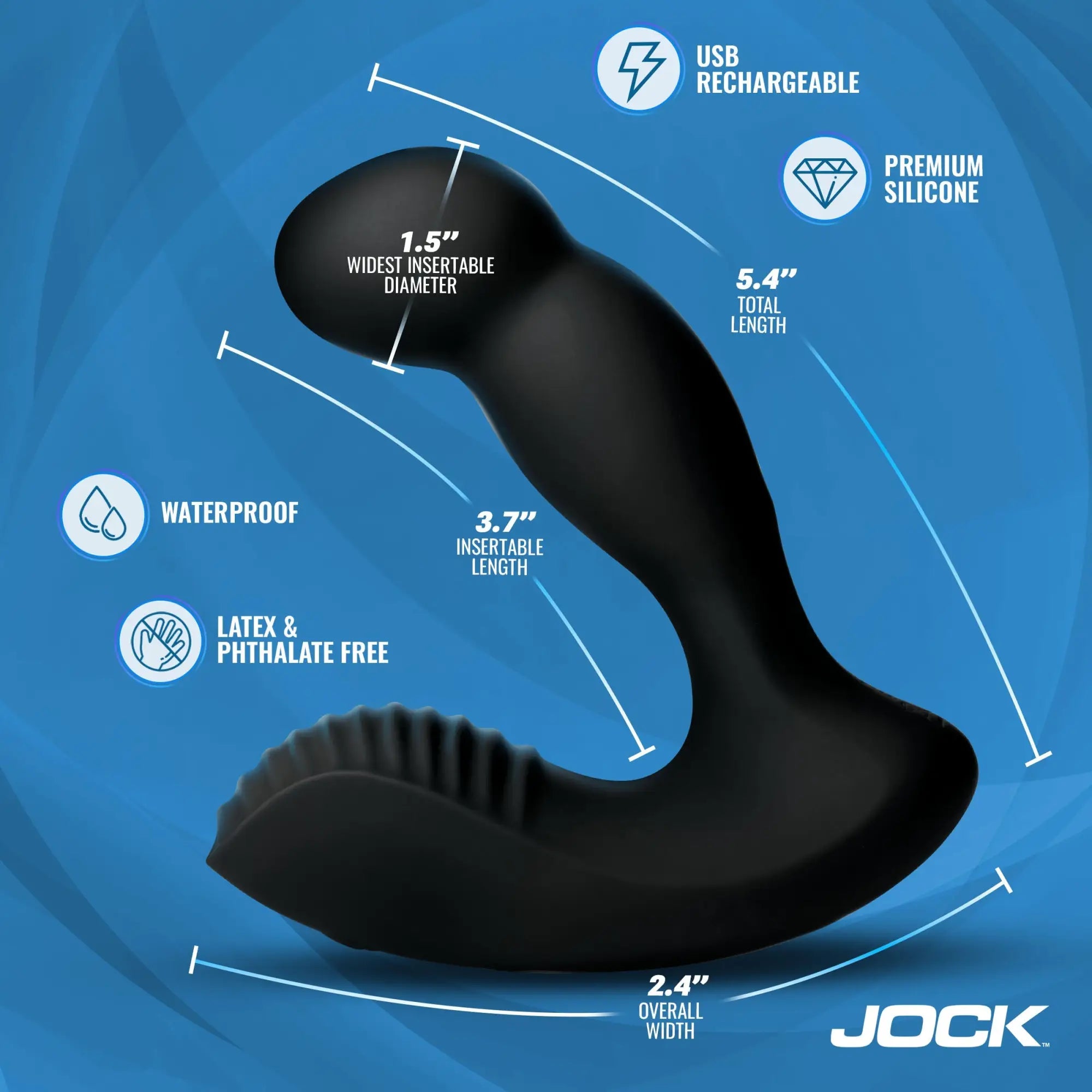 Black Jock P-Force silicone prostate vibrator shown against a blue background with size measurement labels.