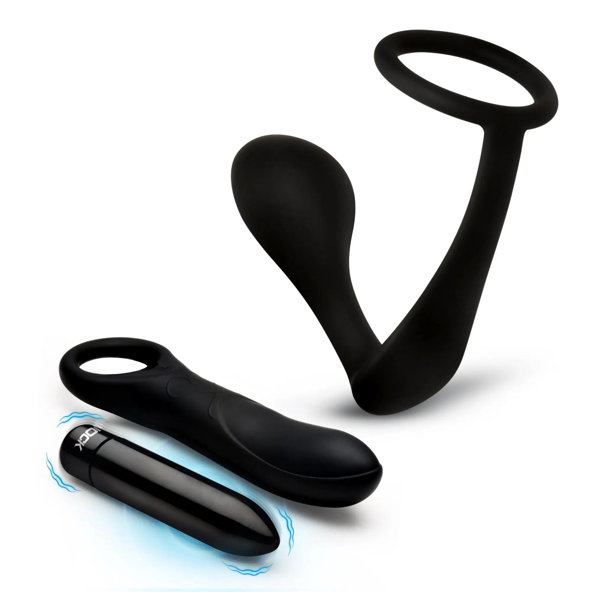 Jock P-Spotter silicone prostate vibrator set, featuring black prostate massagers, a ring, and a vibrating bullet.
