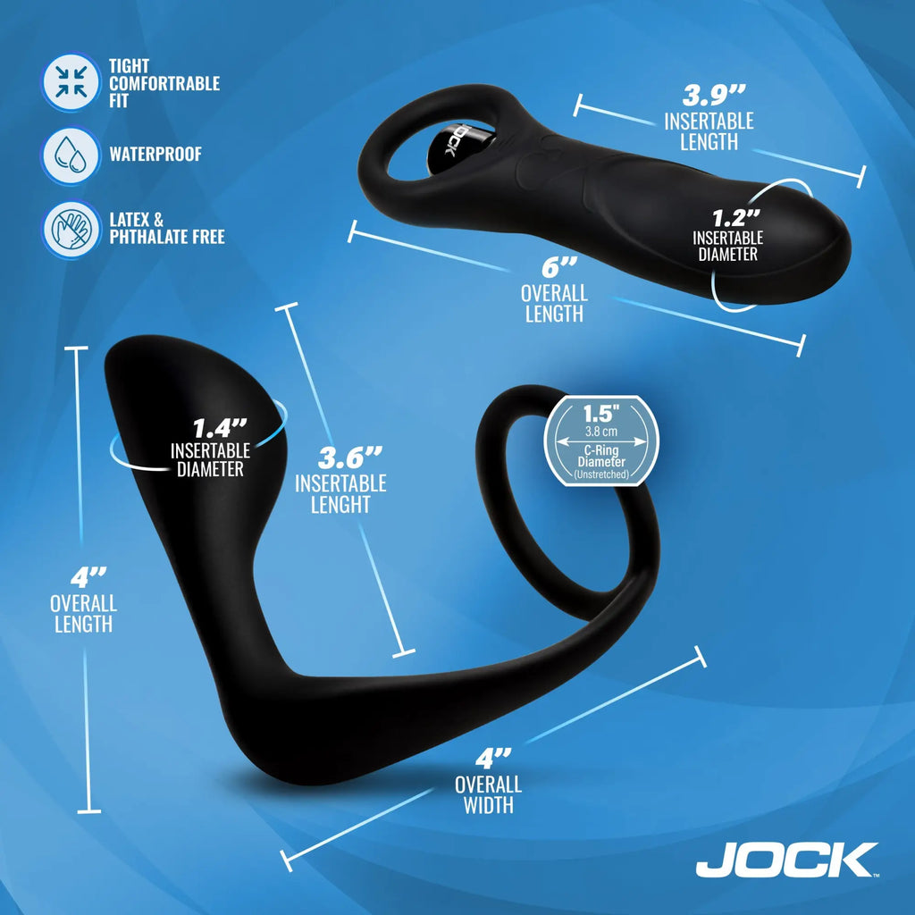 Jock P-Spotter silicone prostate vibrators shown with labeled dimensions and features against a blue background.