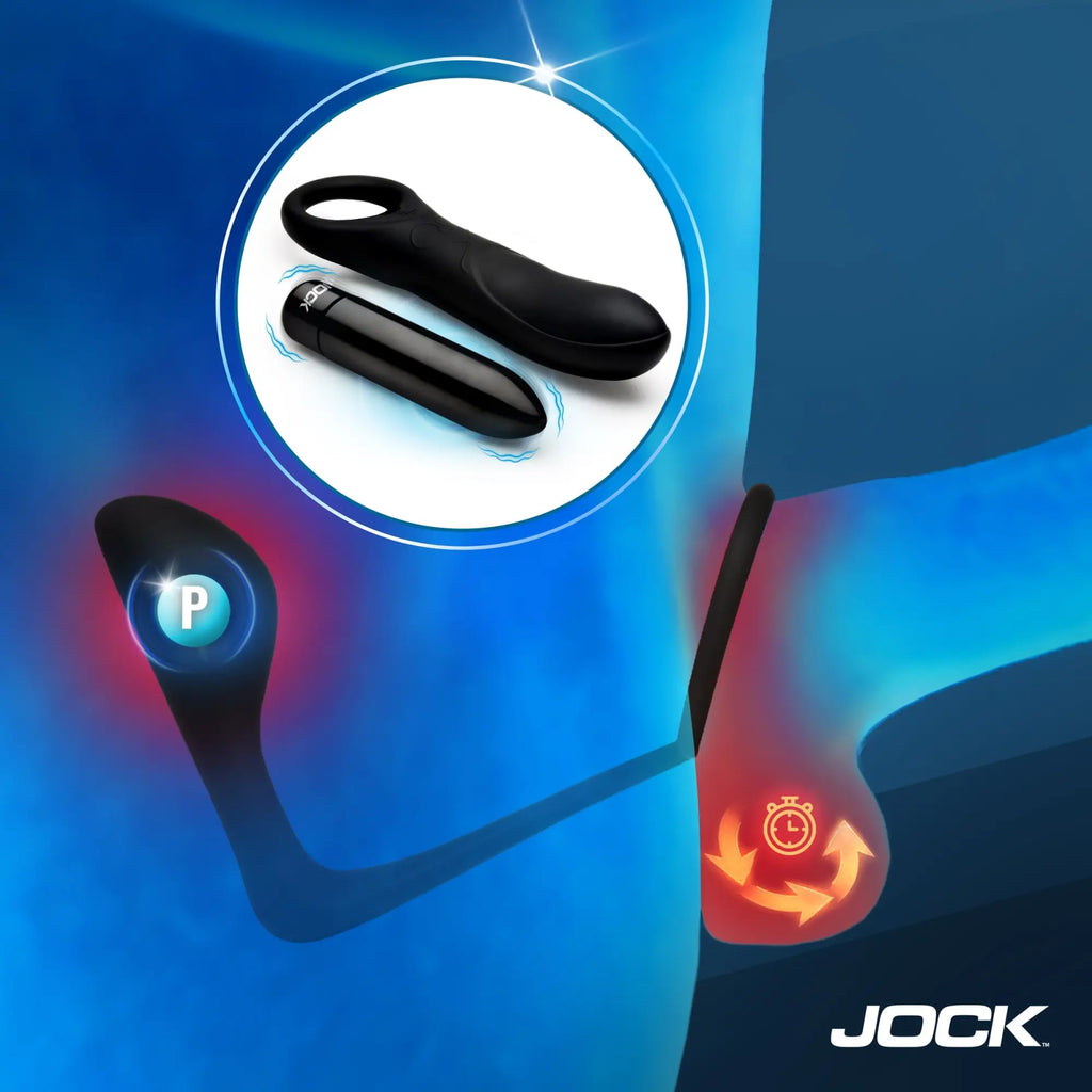 Jock P-Spotter silicone prostate vibrator set: two black, sleek, ergonomic silicone devices on a blue background.