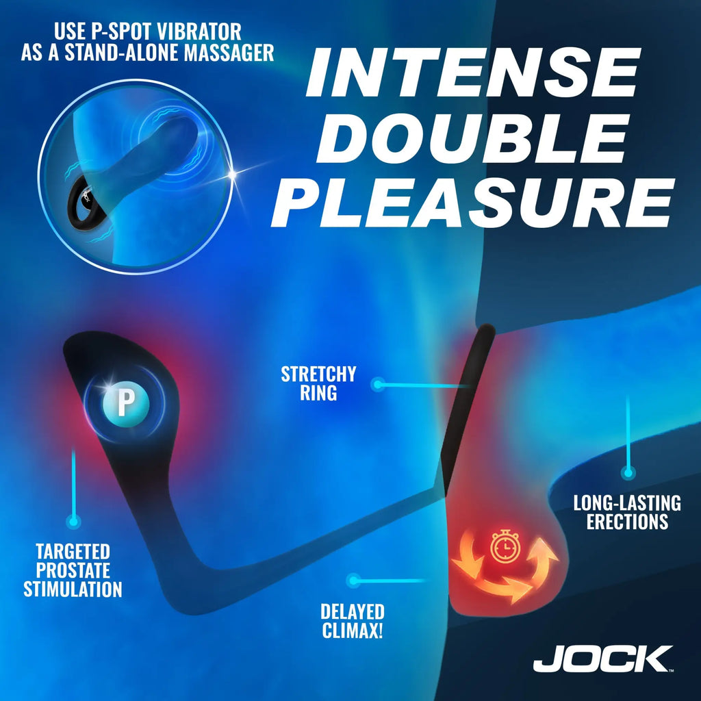 Jock P-Spotter black silicone prostate vibrator set featuring a stretchy ring and targeted stimulation graphic.